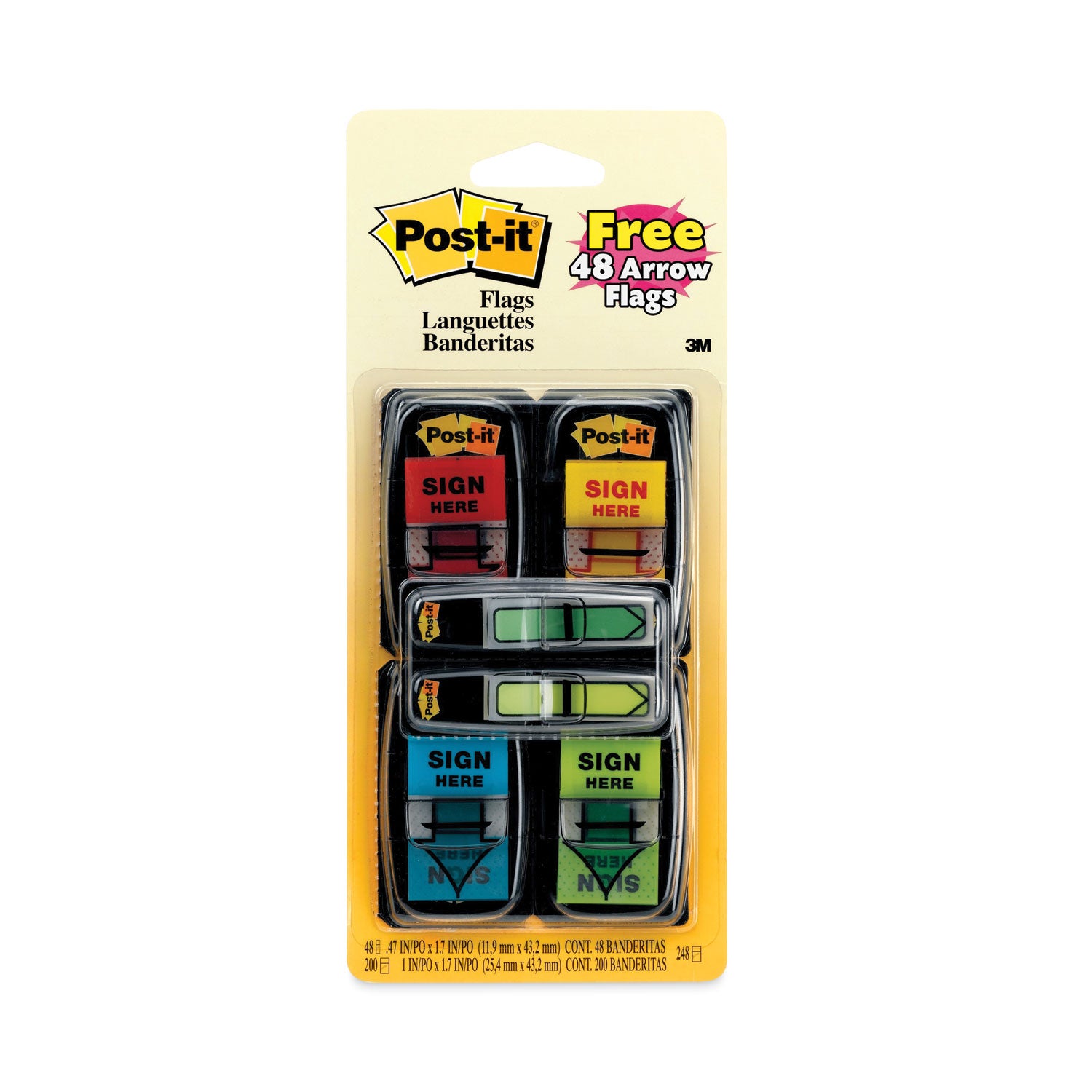 Post-it&reg; Message Flag Value Pack - 248 - 1" Flag/Note Width x 1 3/4" Flag/Note Length - Arrow, Rectangle - Unruled - SIGN HERE - Red, Blue, Yellow, Green, Red - Removable, Self-adhesive - Dispenser Included - 1 Pack