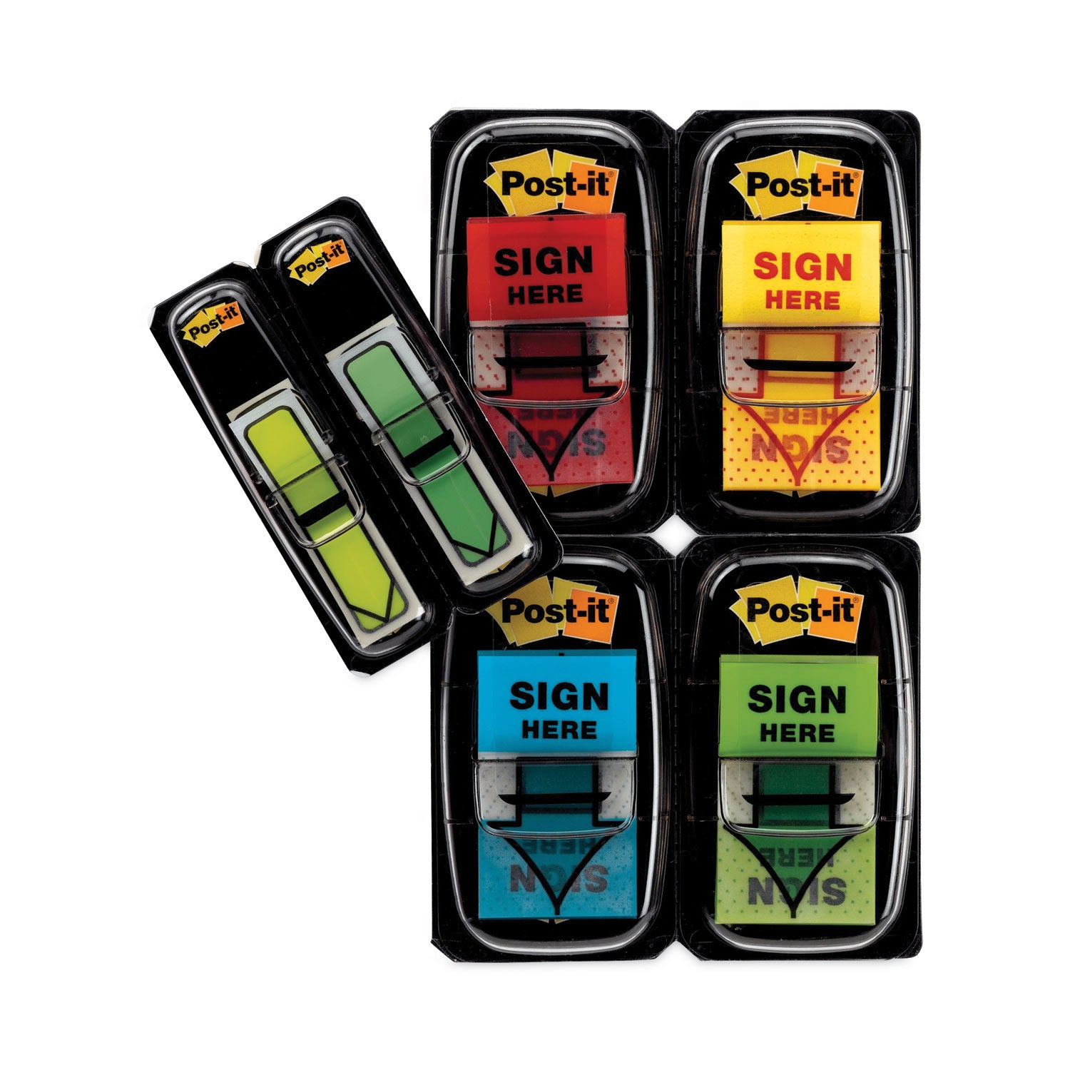 Post-it&reg; Message Flag Value Pack - 248 - 1" Flag/Note Width x 1 3/4" Flag/Note Length - Arrow, Rectangle - Unruled - SIGN HERE - Red, Blue, Yellow, Green, Red - Removable, Self-adhesive - Dispenser Included - 1 Pack