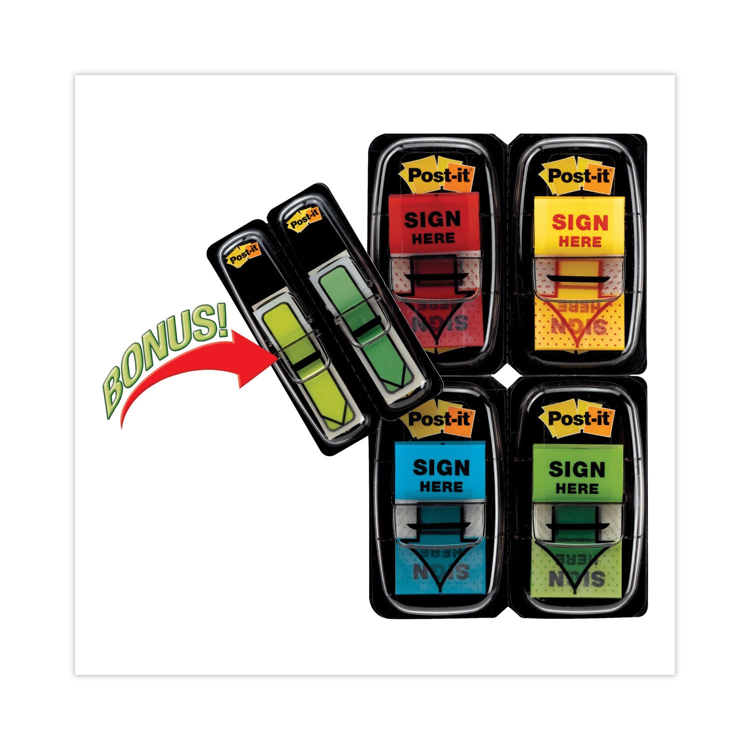 Post-it&reg; Message Flag Value Pack - 248 - 1" Flag/Note Width x 1 3/4" Flag/Note Length - Arrow, Rectangle - Unruled - SIGN HERE - Red, Blue, Yellow, Green, Red - Removable, Self-adhesive - Dispenser Included - 1 Pack