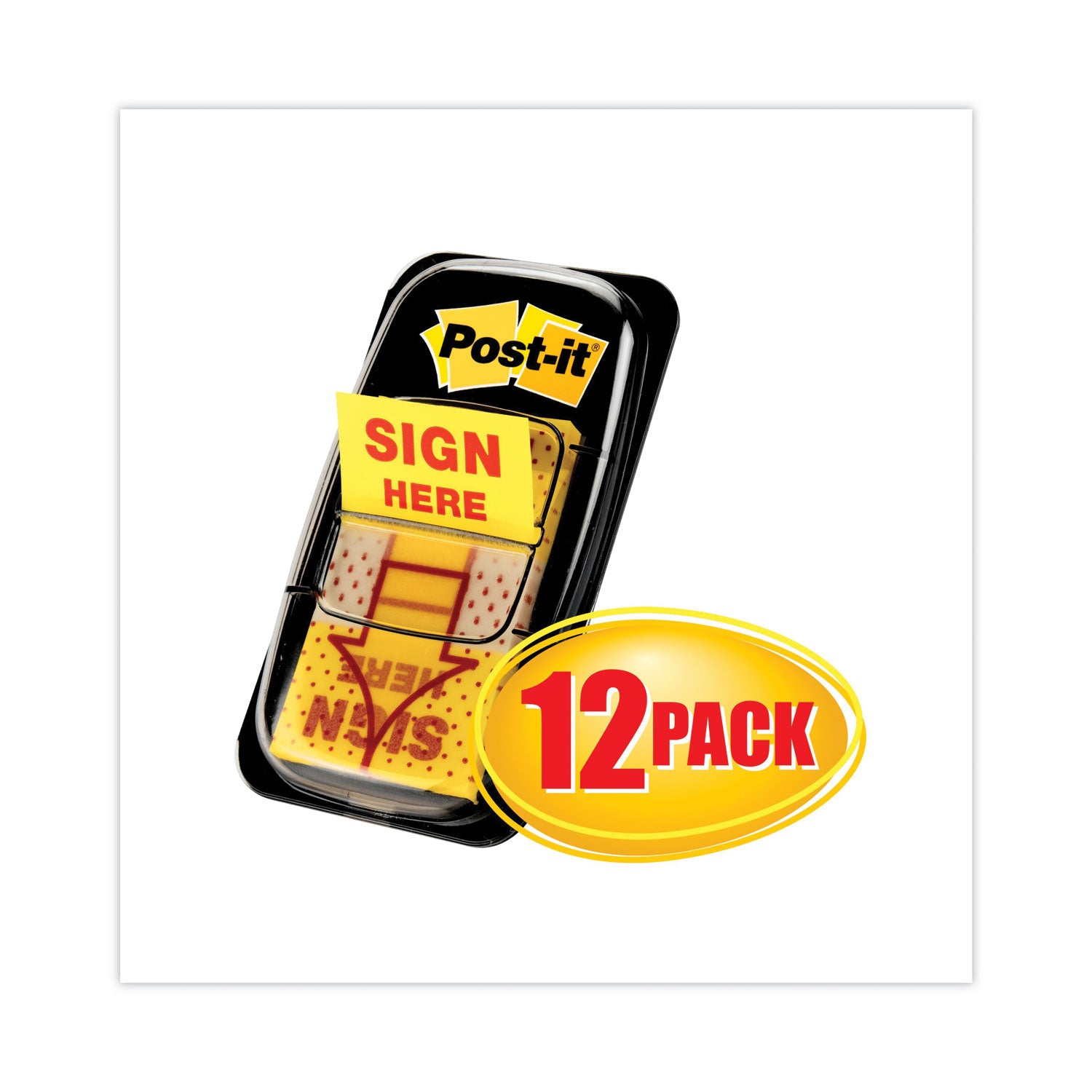 Post-it&reg; Message Flag Value Pack - 600 - 1" Flag/Note Width x 1 3/4" Flag/Note Length - Rectangle, Arrow - Unruled - SIGN HERE - Yellow - Removable - Dispenser Included - 50/Dispenser Box - 12 / Box
