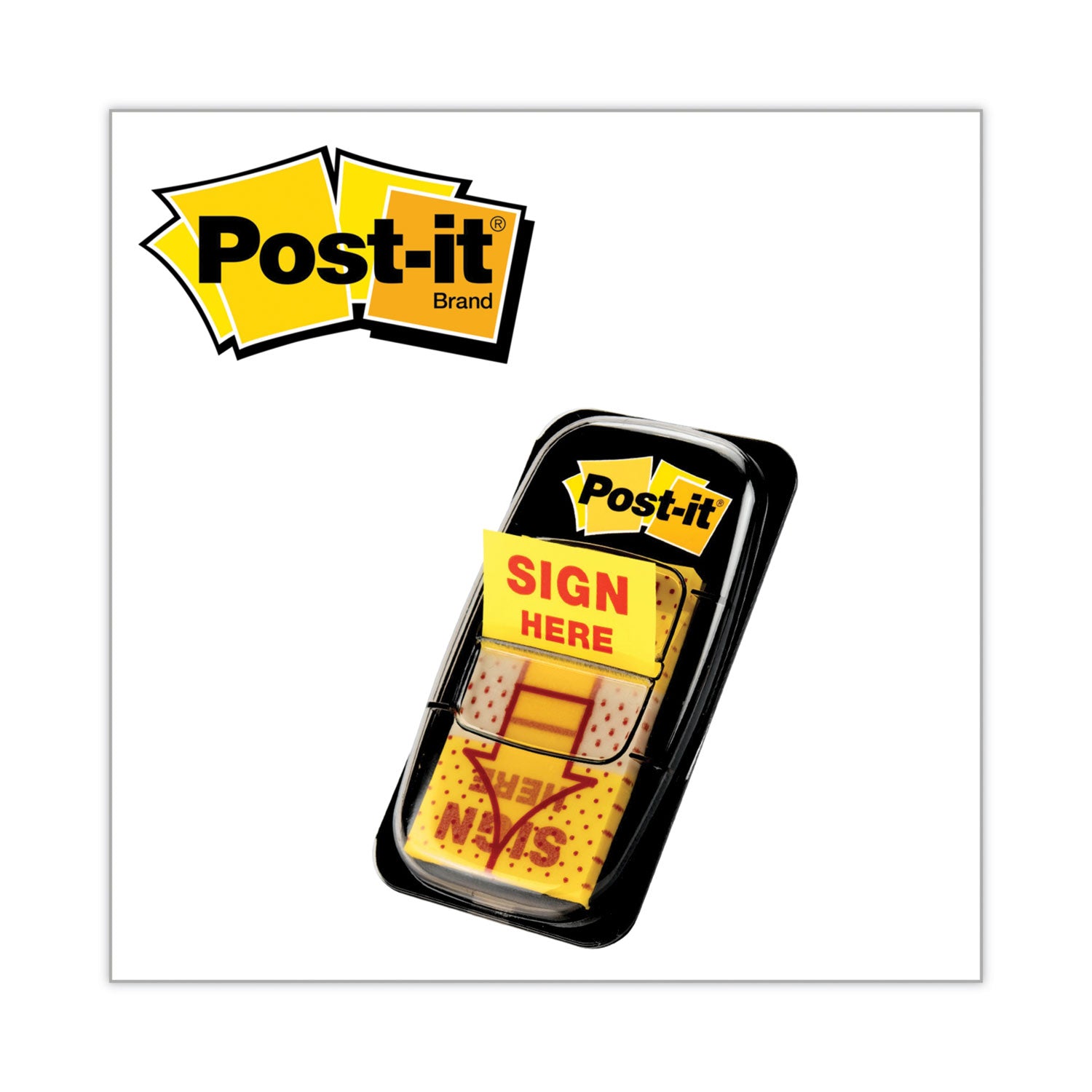 Post-it&reg; Message Flag Value Pack - 600 - 1" Flag/Note Width x 1 3/4" Flag/Note Length - Rectangle, Arrow - Unruled - SIGN HERE - Yellow - Removable - Dispenser Included - 50/Dispenser Box - 12 / Box
