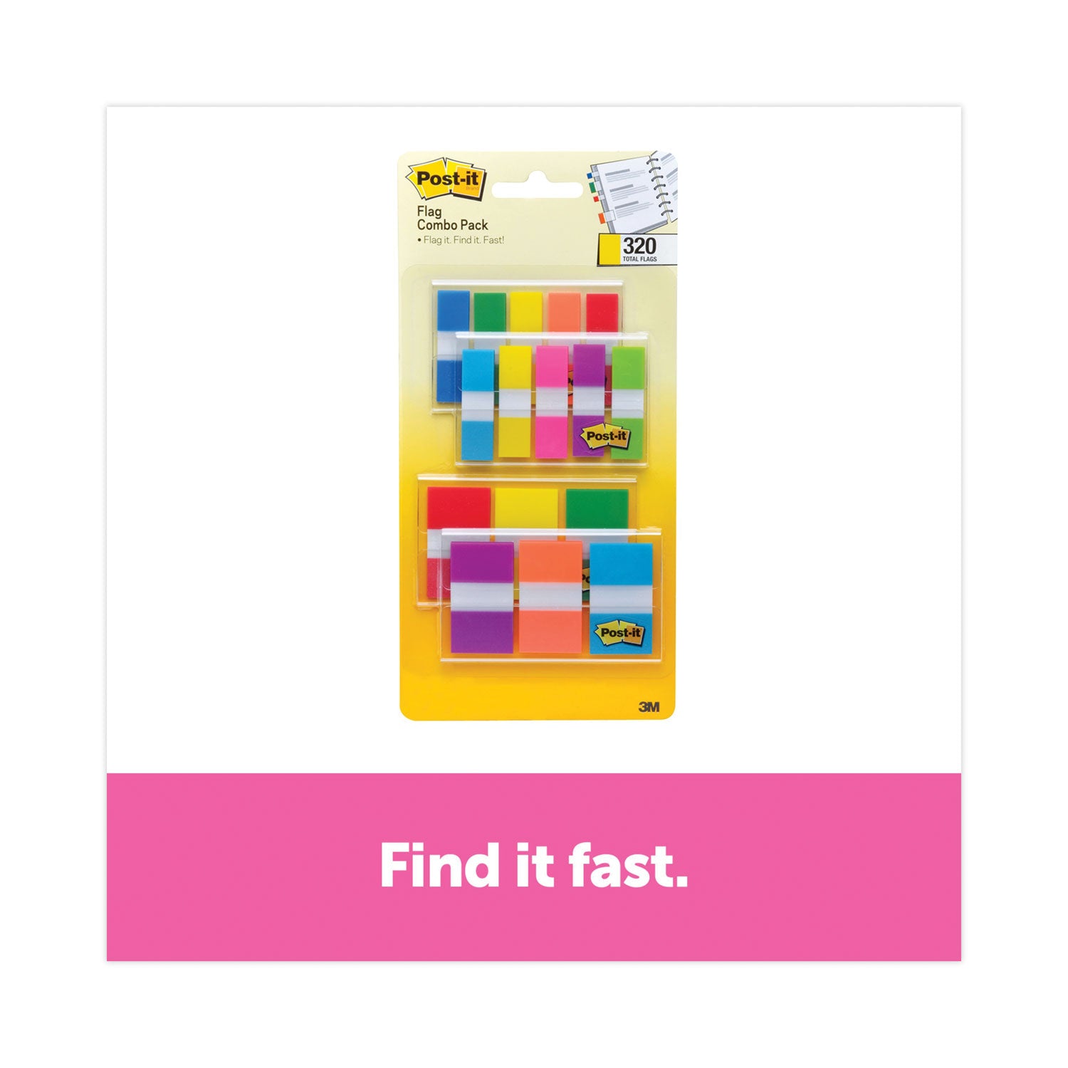 320 x Assorted - 1/2" Flag/Note Width, 1" Flag/Note Width - Blue, Green, Yellow, Orange, Red, Pink, Purple - Self-adhesive, Repositionable - Dispenser Included - 320 / Pack