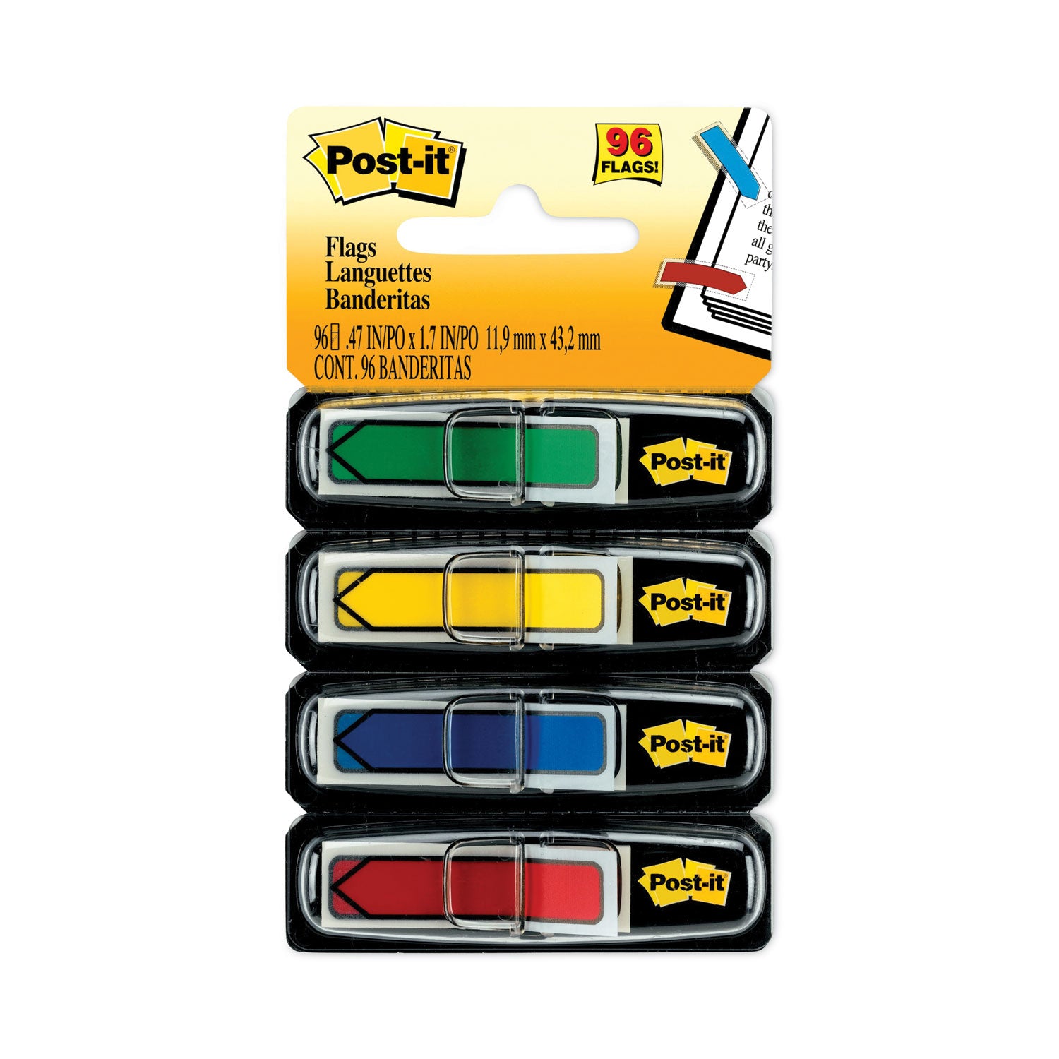 Post-it Arrow Flags, 96 Flags Total (24 Each: Red, Green, Yellow, Blue), 1/2" x 1-3/4", 4 Dispensers Included, Removable, Self-Adhesive, Repositionable