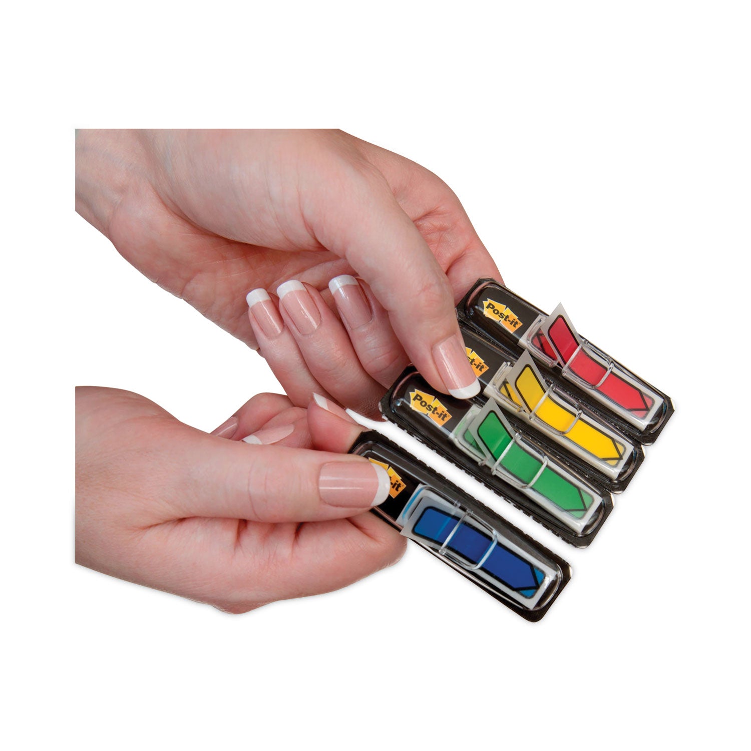 Post-it Arrow Flags, 96 Flags Total (24 Each: Red, Green, Yellow, Blue), 1/2" x 1-3/4", 4 Dispensers Included, Removable, Self-Adhesive, Repositionable