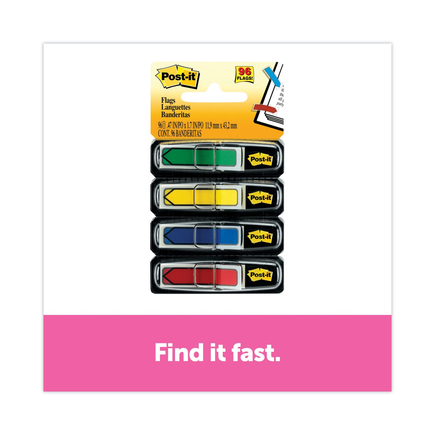 Post-it Arrow Flags, 96 Flags Total (24 Each: Red, Green, Yellow, Blue), 1/2" x 1-3/4", 4 Dispensers Included, Removable, Self-Adhesive, Repositionable
