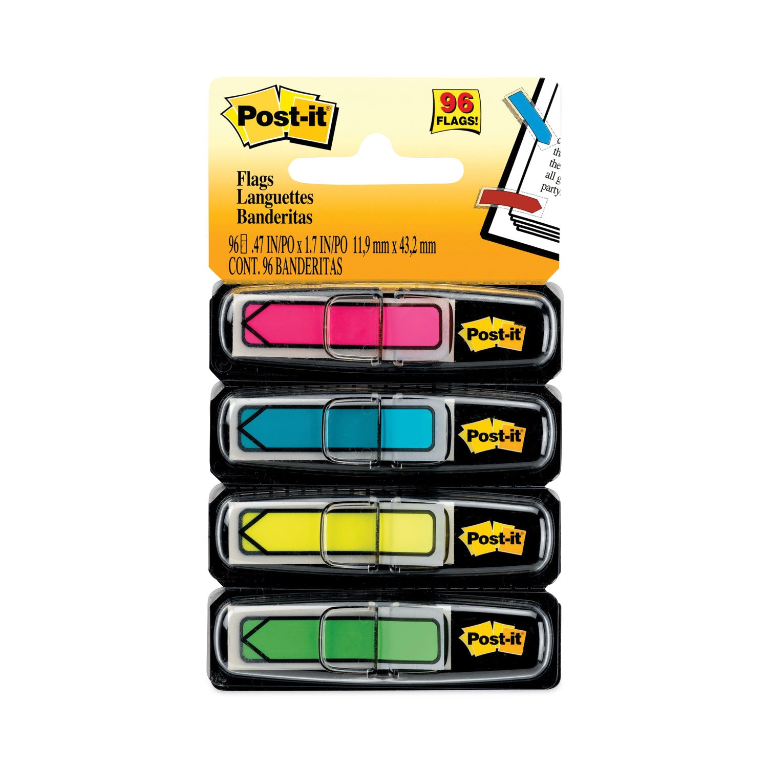 Post-it&reg; Arrow Flags - 24 x Pink, 24 x Blue, 24 x Yellow, 24 x Green - 1/2" Flag/Note Width x 1 3/4" Flag/Note Length - Arrow, Rectangle - Unruled - Pink, Green, Blue, Yellow, Aqua - Removable, Self-adhesive - Dispenser Included - 1 Pack