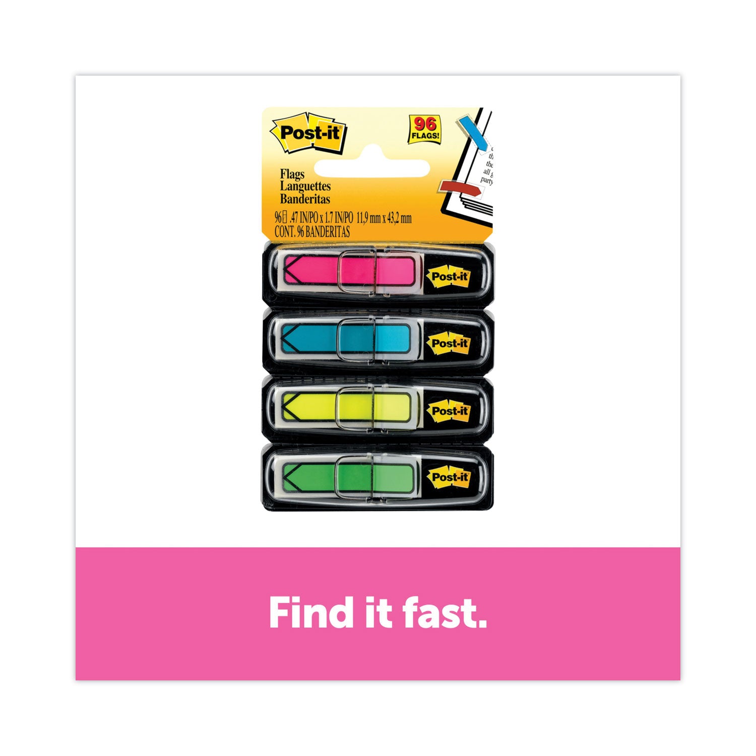 Post-it&reg; Arrow Flags - 24 x Pink, 24 x Blue, 24 x Yellow, 24 x Green - 1/2" Flag/Note Width x 1 3/4" Flag/Note Length - Arrow, Rectangle - Unruled - Pink, Green, Blue, Yellow, Aqua - Removable, Self-adhesive - Dispenser Included - 1 Pack