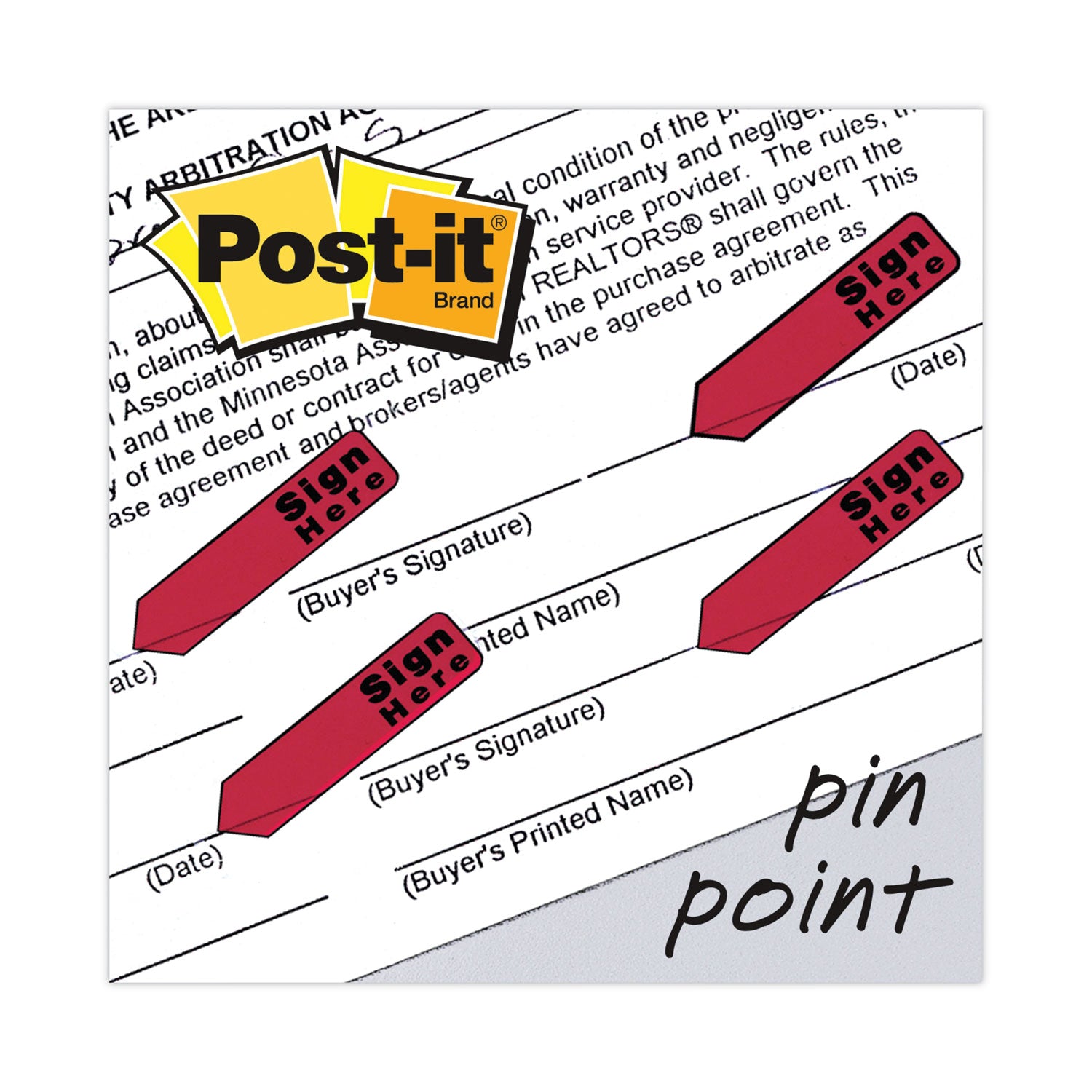 Post-it&reg; Arrow Message Flags - 80 x Red - 1/2" Flag/Note Width x 1 3/4" Flag/Note Length - Arrow, Rectangle - Unruled - SIGN HERE - Red - Removable, Self-adhesive - Dispenser Included - 1 Pack