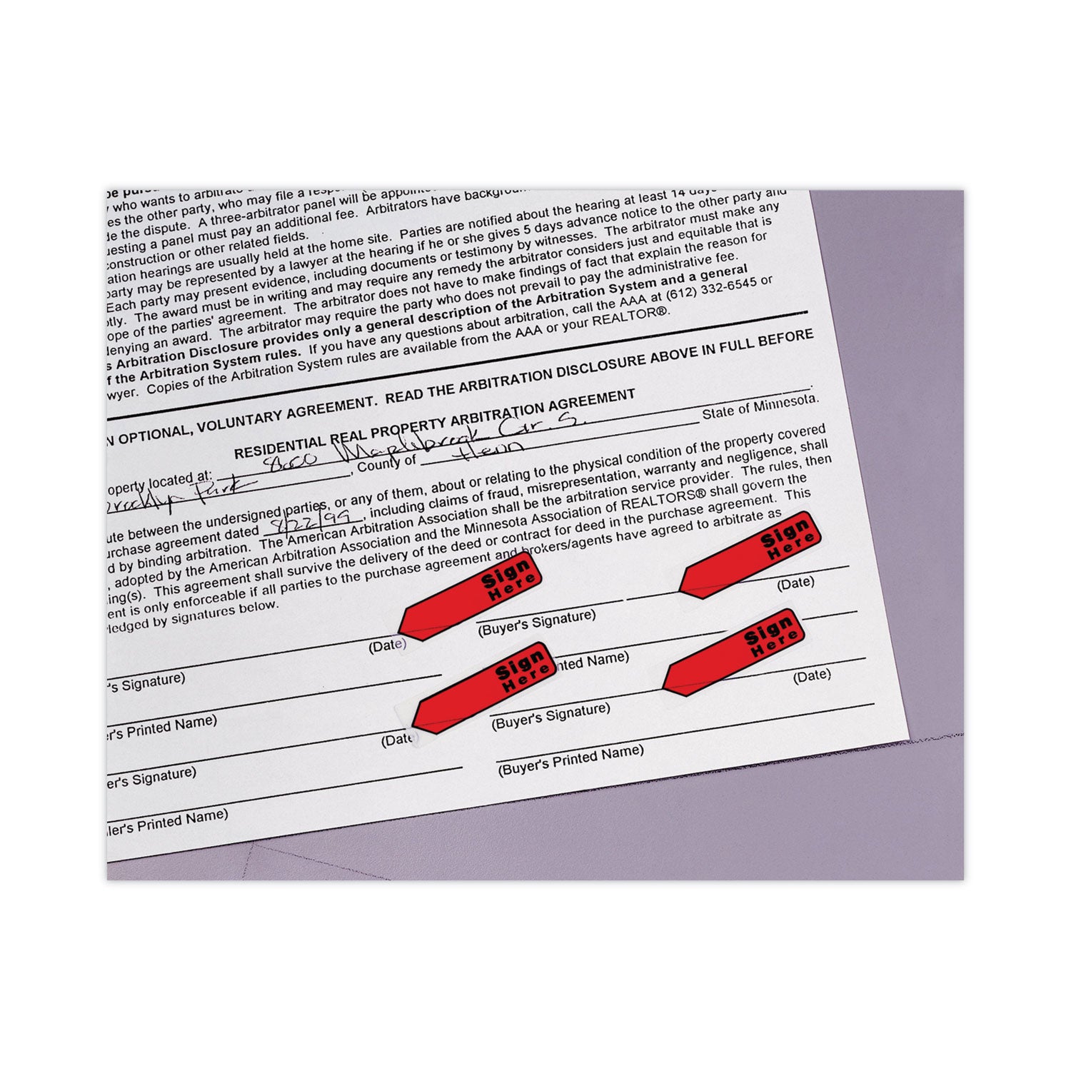 Post-it&reg; Arrow Message Flags - 80 x Red - 1/2" Flag/Note Width x 1 3/4" Flag/Note Length - Arrow, Rectangle - Unruled - SIGN HERE - Red - Removable, Self-adhesive - Dispenser Included - 1 Pack