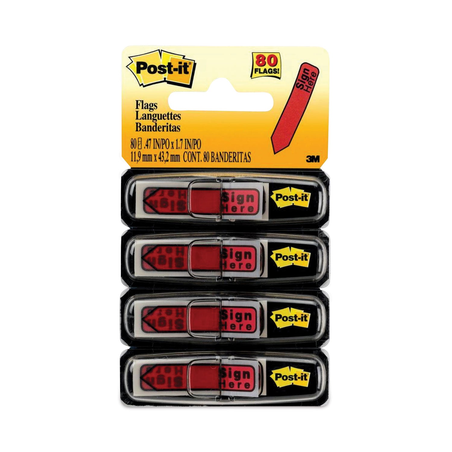 Post-it&reg; Arrow Message Flags - 80 x Red - 1/2" Flag/Note Width x 1 3/4" Flag/Note Length - Arrow, Rectangle - Unruled - SIGN HERE - Red - Removable, Self-adhesive - Dispenser Included - 1 Pack