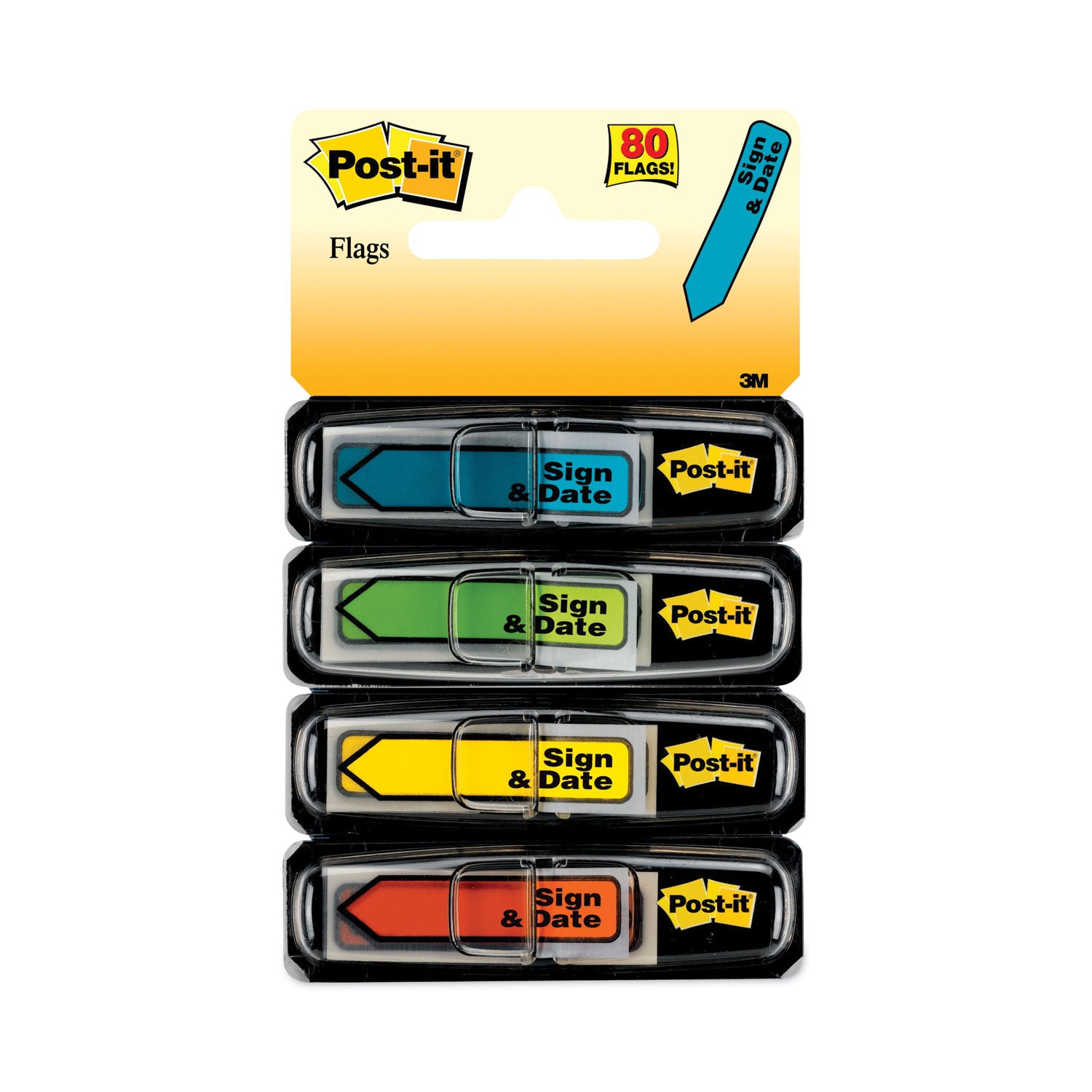 Post-it&reg; Arrow Message Flags - 80 - 1/2" Flag/Note Width x 1 3/4" Flag/Note Length - Arrow, Rectangle - Unruled - Sign & Date - Blue, Red, Green, Yellow, Assorted - Self-adhesive, Repositionable, Removable - Dispenser Included - 1 Pack