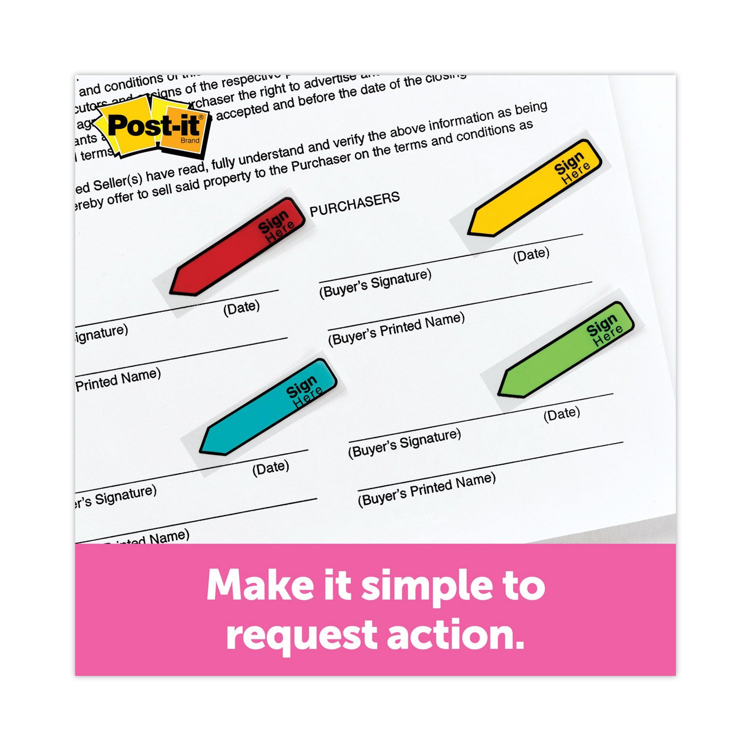 Post-it&reg; Arrow Message Flags - 80 - 1/2" Flag/Note Width x 1 3/4" Flag/Note Length - Arrow, Rectangle - Unruled - Sign & Date - Blue, Red, Green, Yellow, Assorted - Self-adhesive, Repositionable, Removable - Dispenser Included - 1 Pack