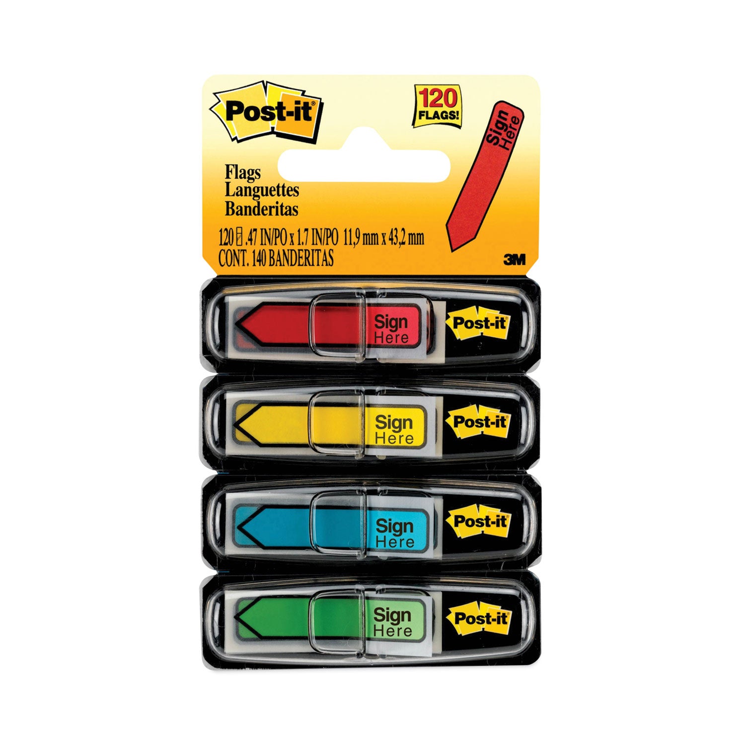 Post-it Message Flags, SIGN HERE, 1/2" x 1 3/4", Rectangle/Arrow, 30 Yellow, 30 Blue, 30 Red, 30 Green, Removable, Self-adhesive, Dispenser Included, 120 Flags per Pack