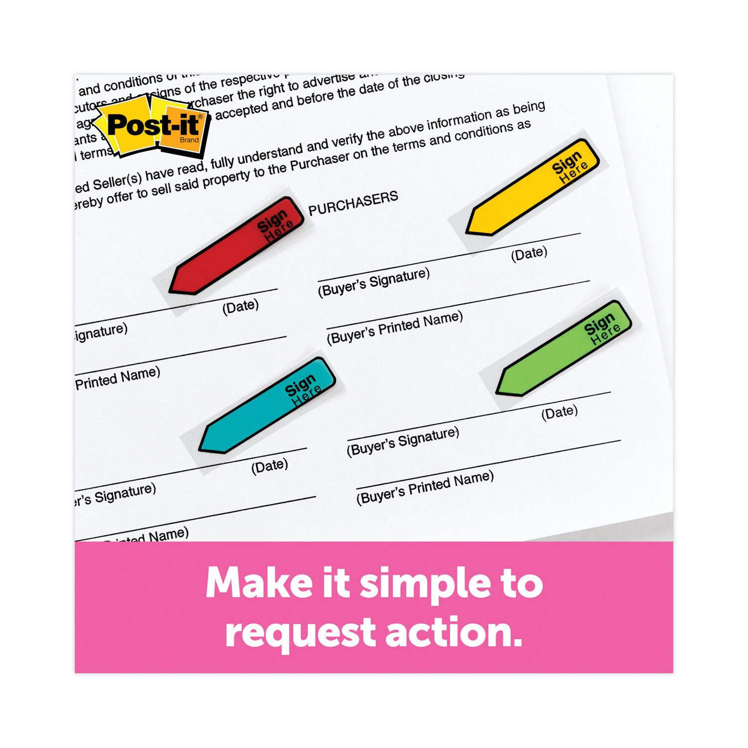 Post-it Message Flags, SIGN HERE, 1/2" x 1 3/4", Rectangle/Arrow, 30 Yellow, 30 Blue, 30 Red, 30 Green, Removable, Self-adhesive, Dispenser Included, 120 Flags per Pack