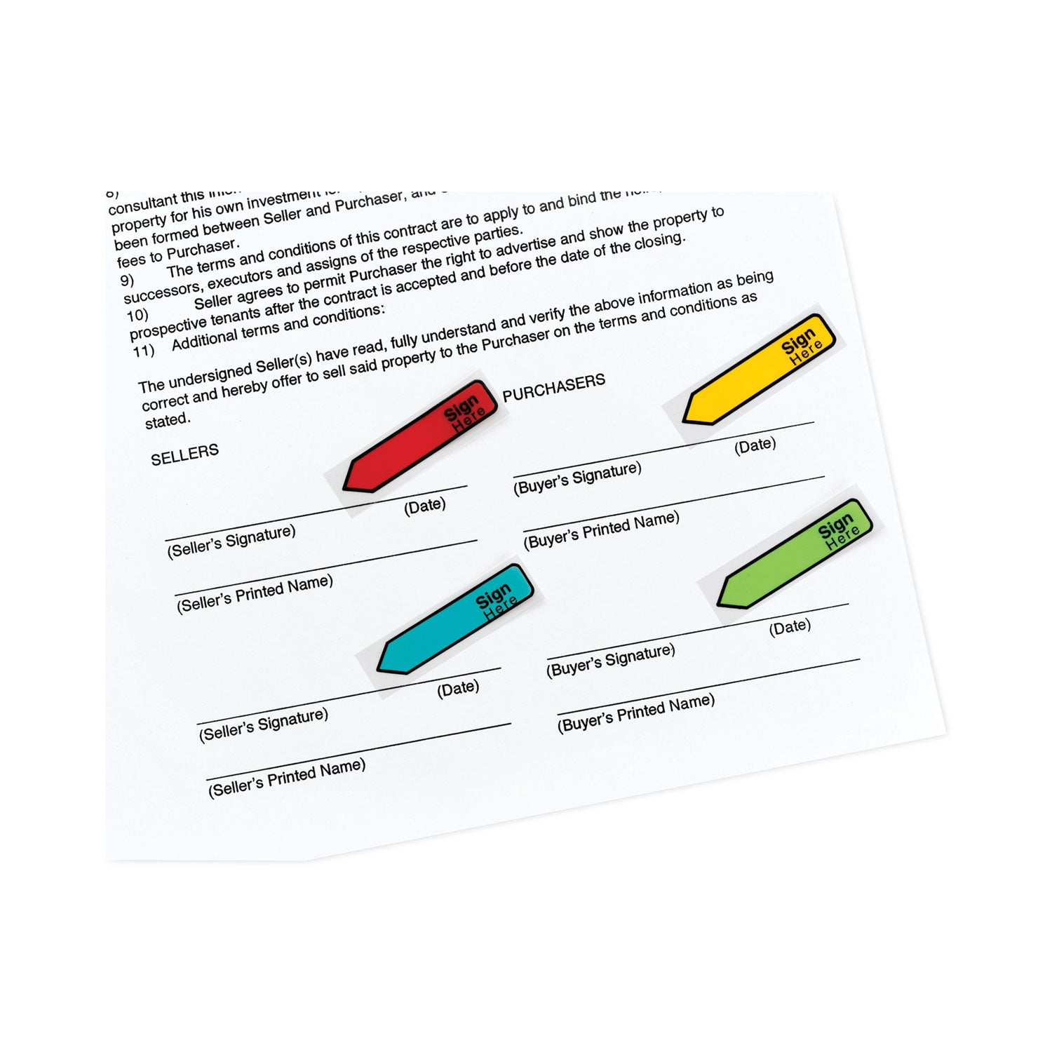 Post-it Message Flags, SIGN HERE, 1/2" x 1 3/4", Rectangle/Arrow, 30 Yellow, 30 Blue, 30 Red, 30 Green, Removable, Self-adhesive, Dispenser Included, 120 Flags per Pack