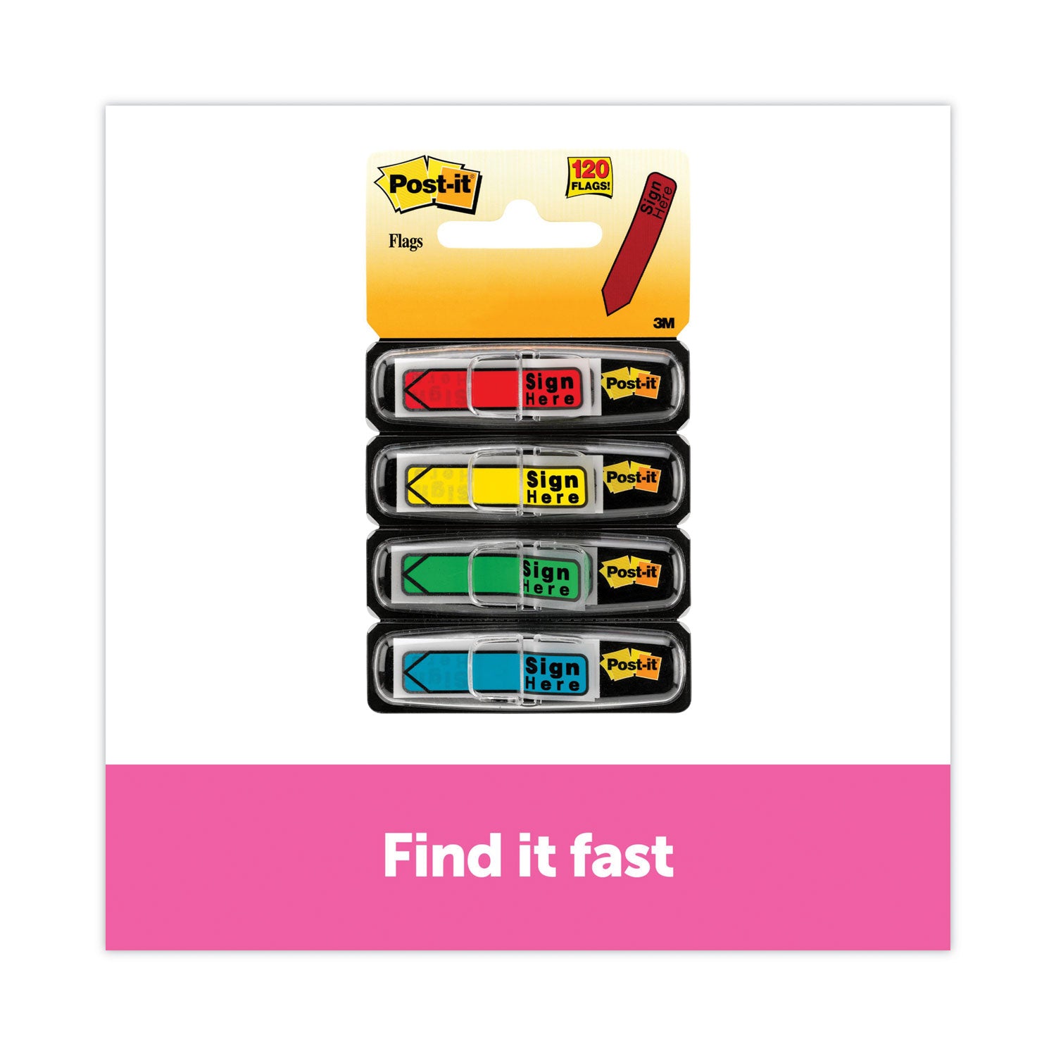 Post-it Message Flags, SIGN HERE, 1/2" x 1 3/4", Rectangle/Arrow, 30 Yellow, 30 Blue, 30 Red, 30 Green, Removable, Self-adhesive, Dispenser Included, 120 Flags per Pack