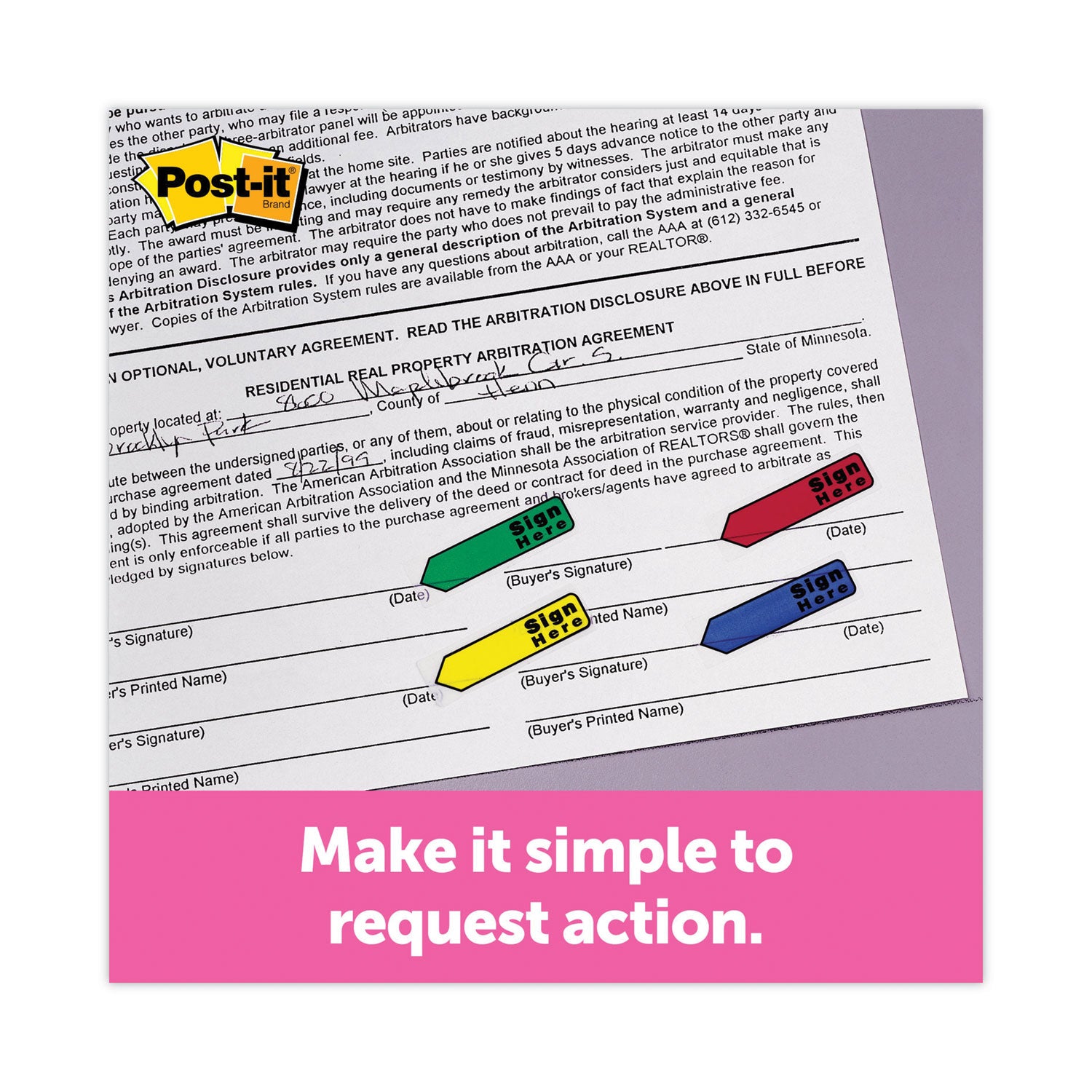 Post-it&reg; Arrow Flags - 1/2" Flag/Note Width - Arrow - Blank and SIGN HERE - Green, Yellow, Blue, Red, Pink - Removable, Self-adhesive, Repositionable - Dispenser Included - 252 / Pack
