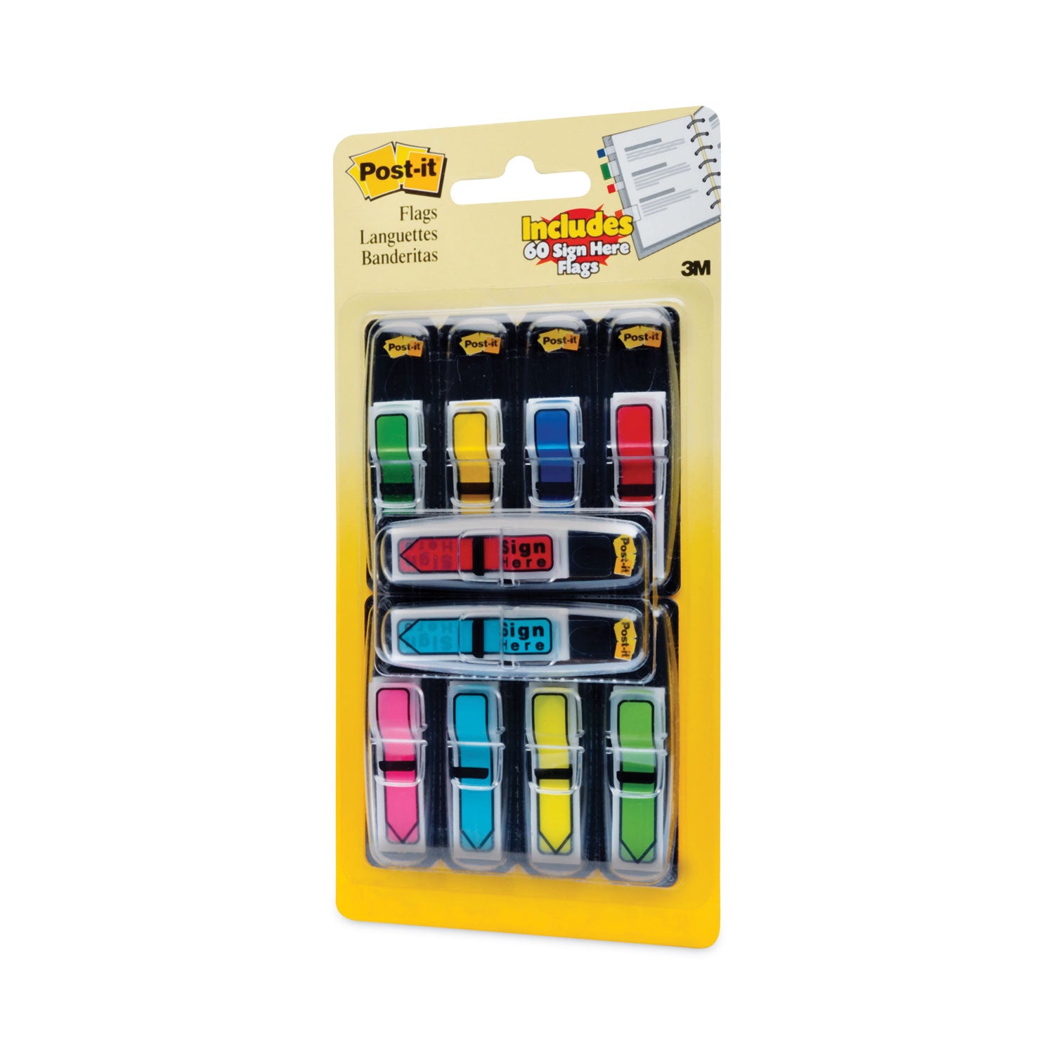 Post-it&reg; Arrow Flags - 1/2" Flag/Note Width - Arrow - Blank and SIGN HERE - Green, Yellow, Blue, Red, Pink - Removable, Self-adhesive, Repositionable - Dispenser Included - 252 / Pack