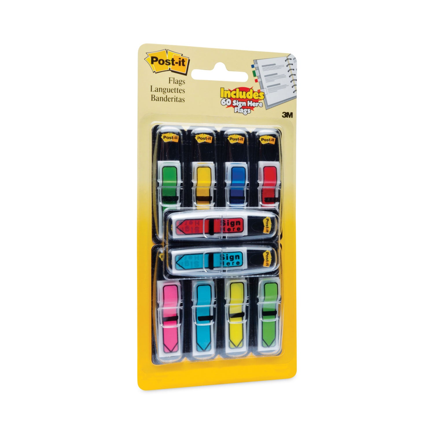 Post-it&reg; Arrow Flags - 1/2" Flag/Note Width - Arrow - Blank and SIGN HERE - Green, Yellow, Blue, Red, Pink - Removable, Self-adhesive, Repositionable - Dispenser Included - 252 / Pack