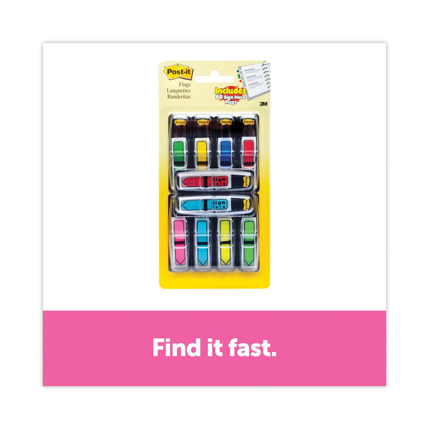 Post-it&reg; Arrow Flags - 1/2" Flag/Note Width - Arrow - Blank and SIGN HERE - Green, Yellow, Blue, Red, Pink - Removable, Self-adhesive, Repositionable - Dispenser Included - 252 / Pack