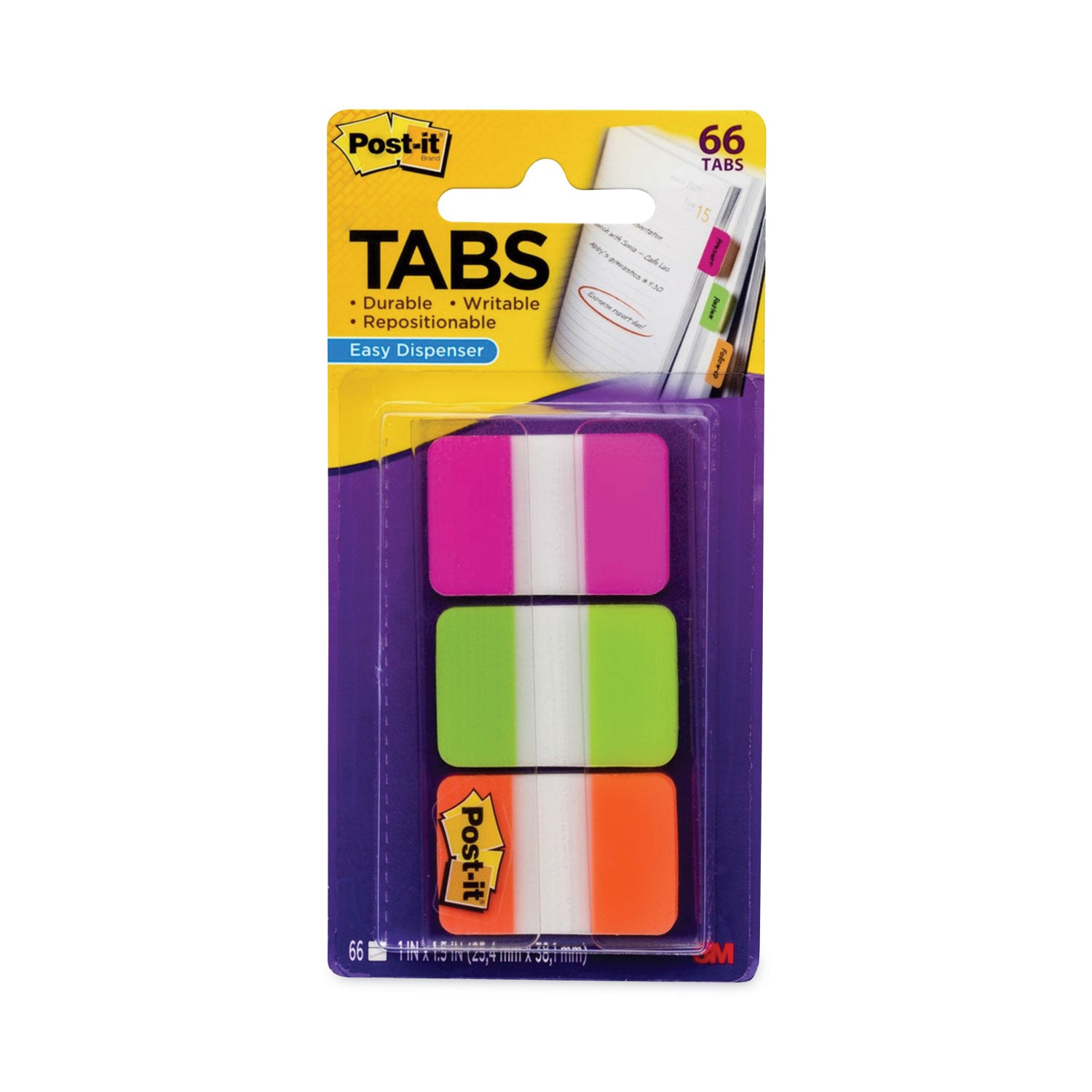 Post-it&reg; Durable Tabs - 1.50" Tab Height x 1" Tab Width - Removable - Pink, Purple, Orange, Semi-transparent Tab(s) - Wear Resistant, Tear Resistant, Durable, Repositionable, Writable, Removable, Reusable - 1 Pack
