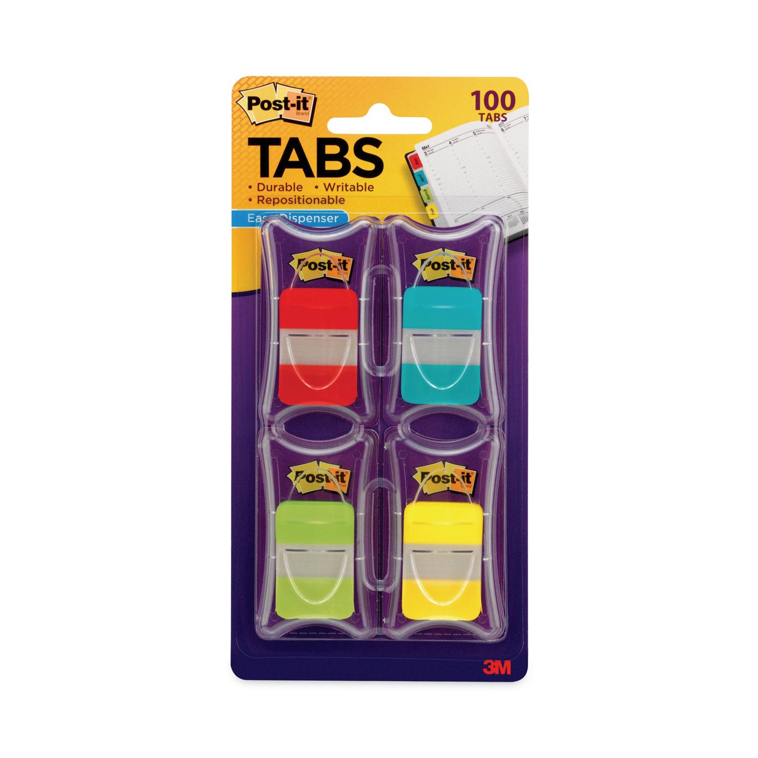 Post-it&reg; Tabs - 100 Write-on Tab(s) - 1" Tab Height x 1.50" Tab Width - Red, Blue, Green, Yellow Tab(s) - Tear Resistant, Wear Resistant, Repositionable, Durable - 100 / Pack