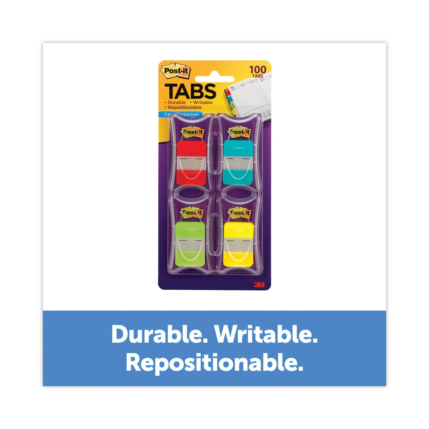 Post-it&reg; Tabs - 100 Write-on Tab(s) - 1" Tab Height x 1.50" Tab Width - Red, Blue, Green, Yellow Tab(s) - Tear Resistant, Wear Resistant, Repositionable, Durable - 100 / Pack