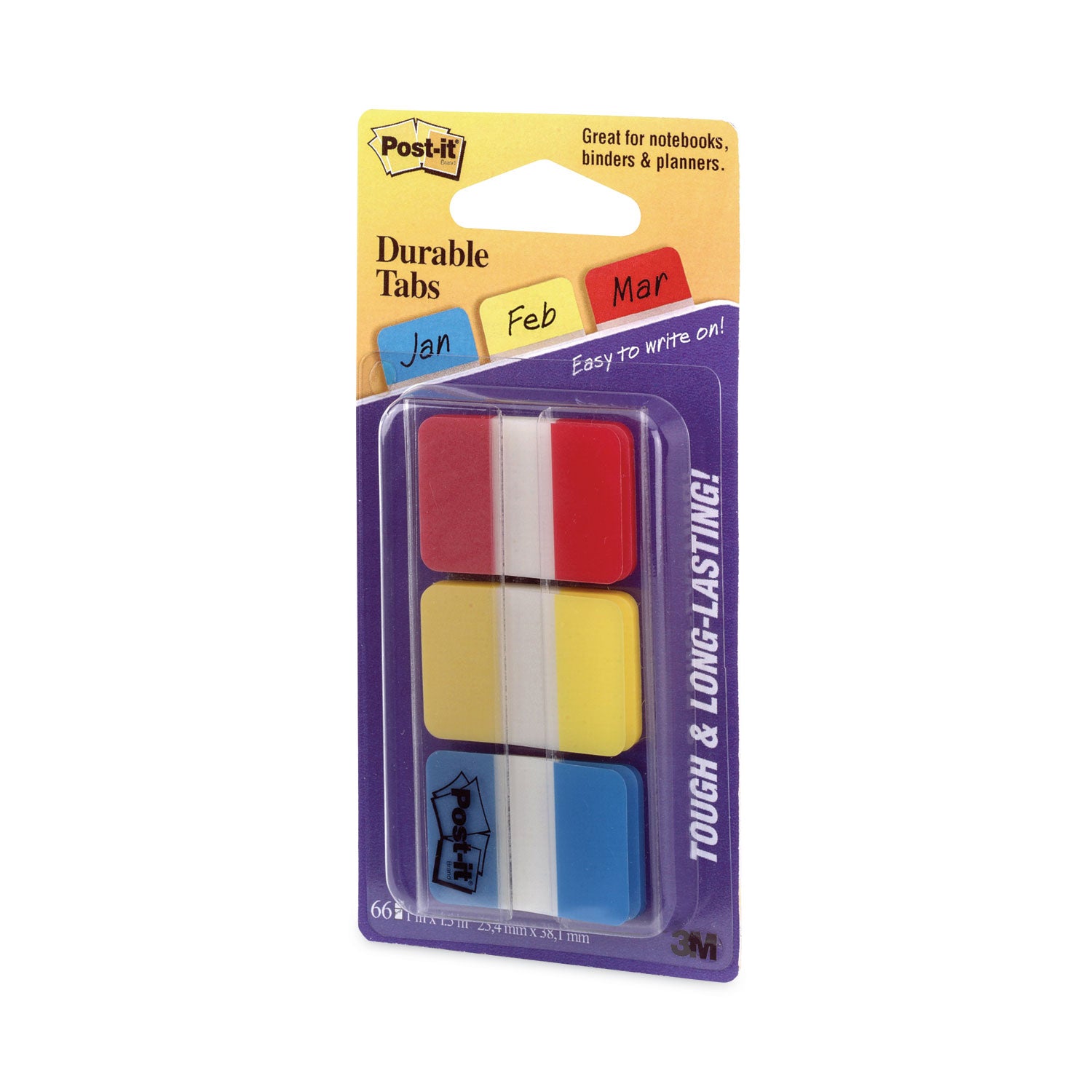 Post-it&reg; Durable Tabs - Write-on Tab(s) - 0.98" Tab Height x 1" Tab Width - Self-adhesive, Removable - Red, Yellow, Blue, Neon Tab(s) - Wear Resistant, Tear Resistant, Durable, Writable, Repositionable, Reusable, Removable - 66 / Pack