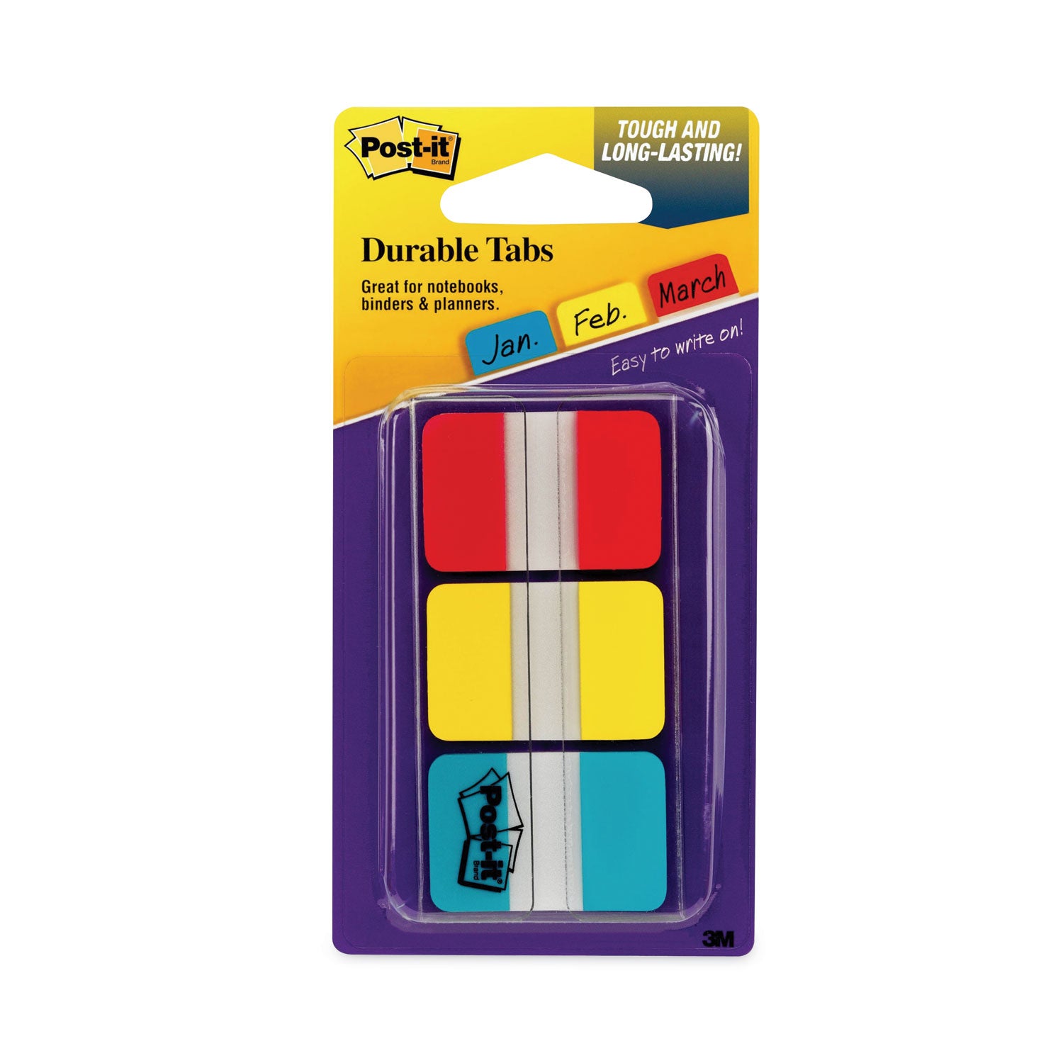 Post-it&reg; Durable Tabs - Write-on Tab(s) - 0.98" Tab Height x 1" Tab Width - Self-adhesive, Removable - Red, Yellow, Blue, Neon Tab(s) - Wear Resistant, Tear Resistant, Durable, Writable, Repositionable, Reusable, Removable - 66 / Pack