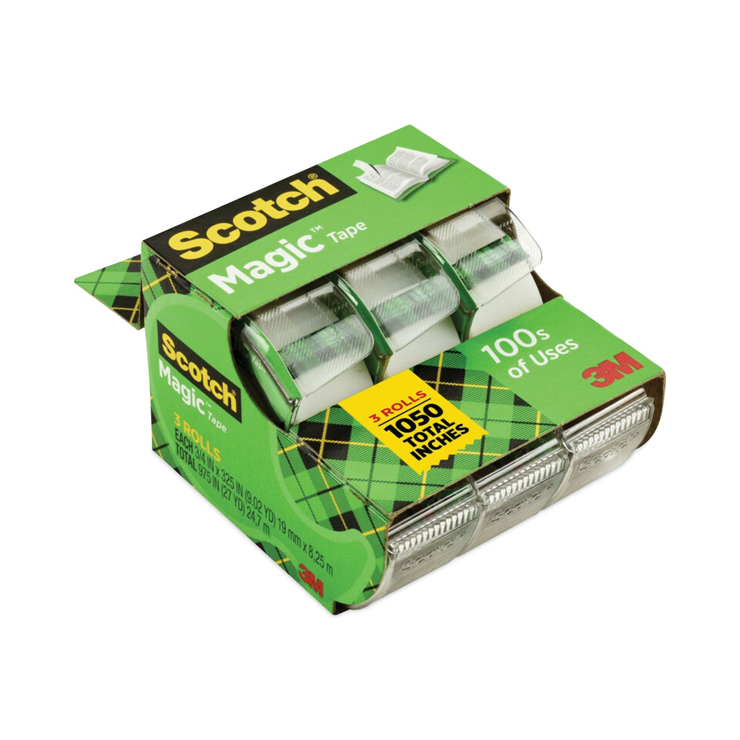25 ft Length x 0.75" Width - 1" Core - Clear - Permanent Adhesive Backing - Dispenser Included - Handheld Dispenser - For Mending, Splicing - 3 / Pack