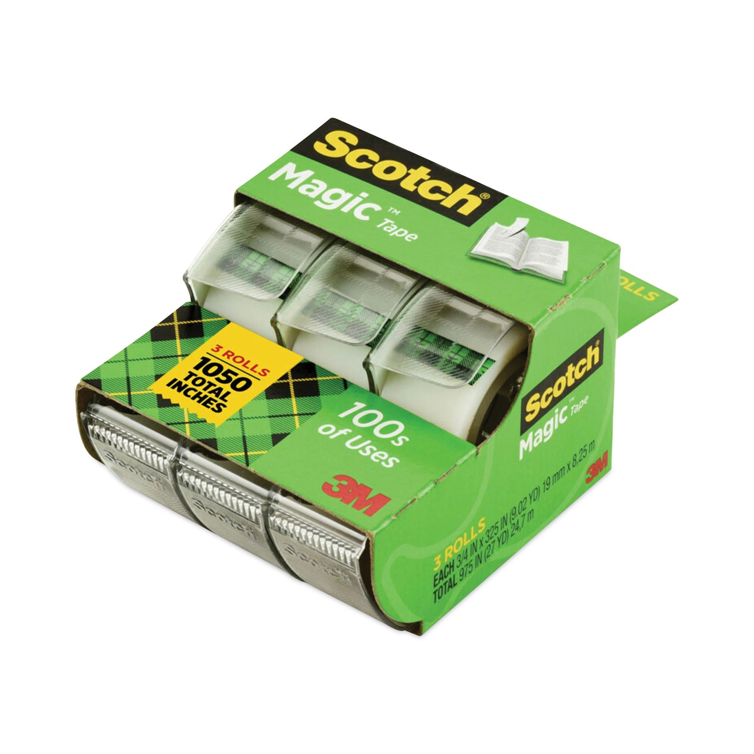 25 ft Length x 0.75" Width - 1" Core - Clear - Permanent Adhesive Backing - Dispenser Included - Handheld Dispenser - For Mending, Splicing - 3 / Pack
