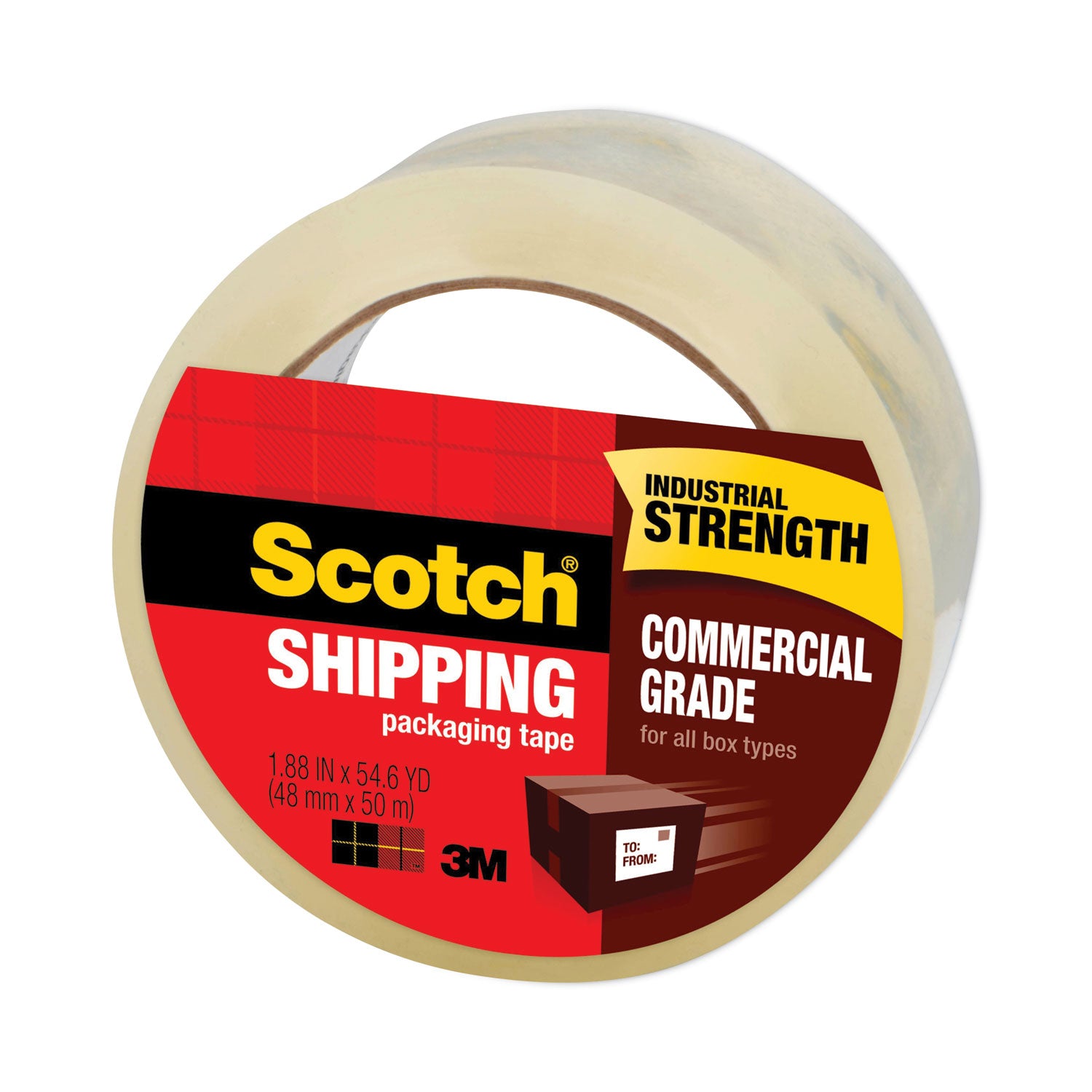 Scotch Commercial-Grade Shipping/Packaging Tape - 54.60 yd Length x 1.88" Width x 3.1 mil Thickness - 3" Core - Clear - Synthetic Rubber Resin - 3.10 mil - Polypropylene Backing - Split Resistant - For Sealing - 1 Roll