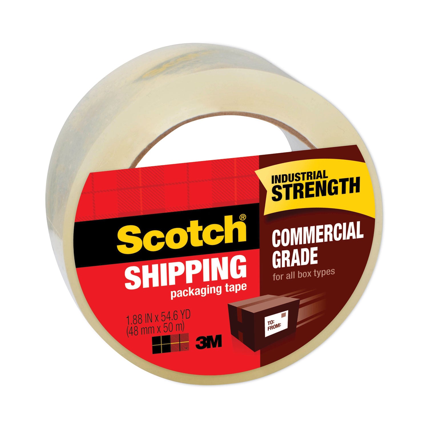 Scotch Commercial-Grade Shipping/Packaging Tape - 54.60 yd Length x 1.88" Width x 3.1 mil Thickness - 3" Core - Clear - Synthetic Rubber Resin - 3.10 mil - Polypropylene Backing - Split Resistant - For Sealing - 1 Roll