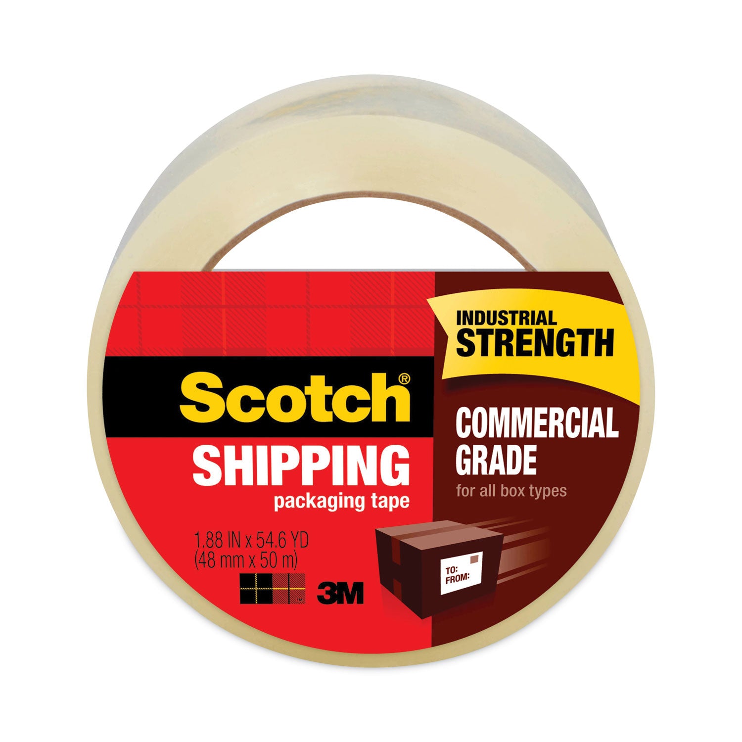 Scotch Commercial-Grade Shipping/Packaging Tape - 54.60 yd Length x 1.88" Width x 3.1 mil Thickness - 3" Core - Clear - Synthetic Rubber Resin - 3.10 mil - Polypropylene Backing - Split Resistant - For Sealing - 1 Roll