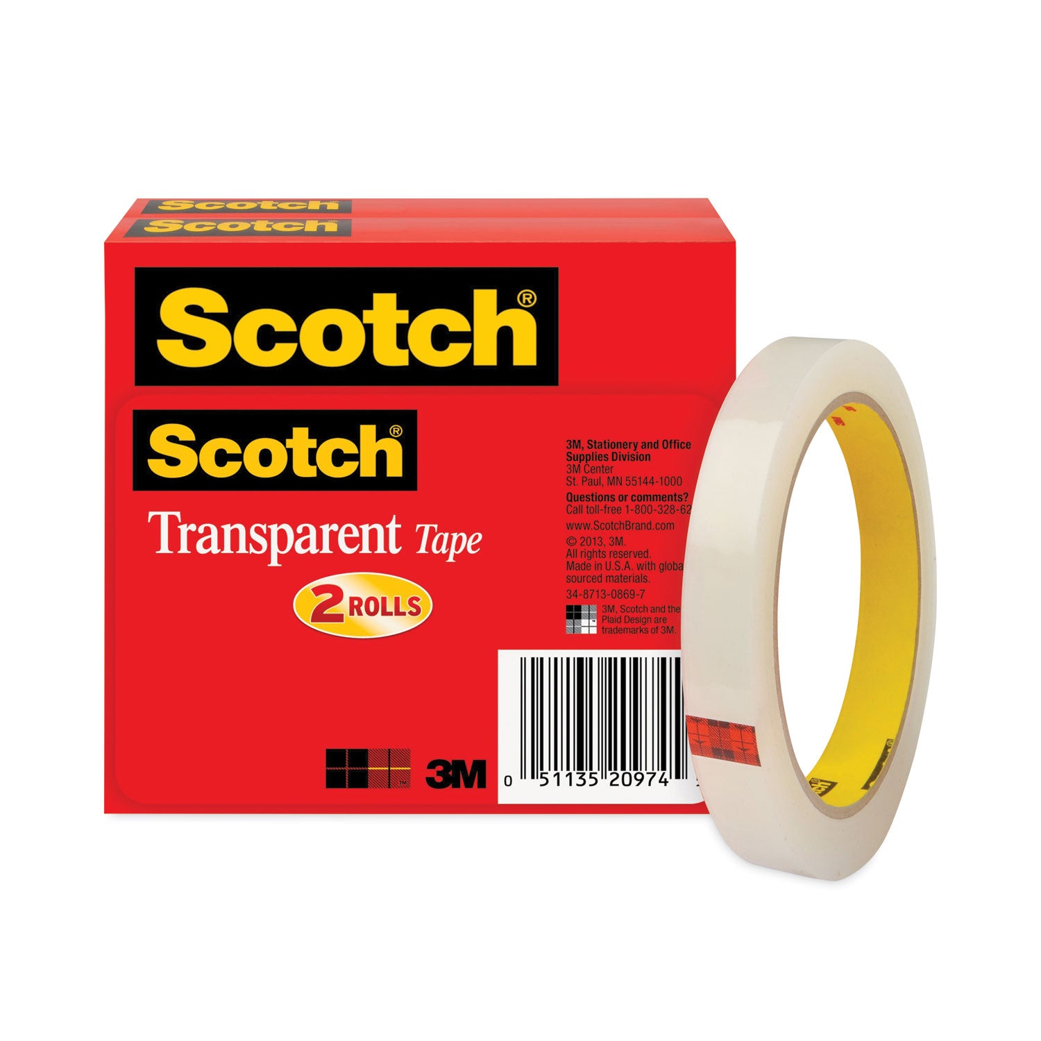 Scotch Transparent Tape - 1/2"W - 72 yd Length x 0.50" Width - 3" Core - Clear - Long Lasting, Moisture Resistant, Stain Resistant - For Sealing, Label Protection, Wrapping, Mending - 1 Pack