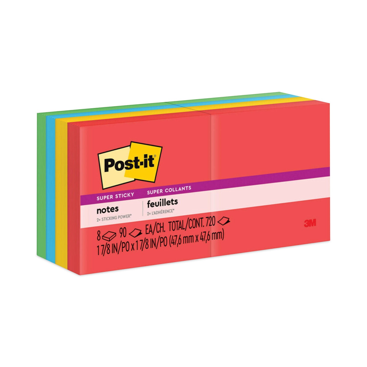Post-it Super Sticky Notes, Playful Primaries Color Collection, 1 7/8" x 1 7/8", Square, 90 Sheets per Pad, 8 Pads/Pack, 720 Notes Total, Candy Apple Red, Sunnyside, Lucky Green, Blue Paradise