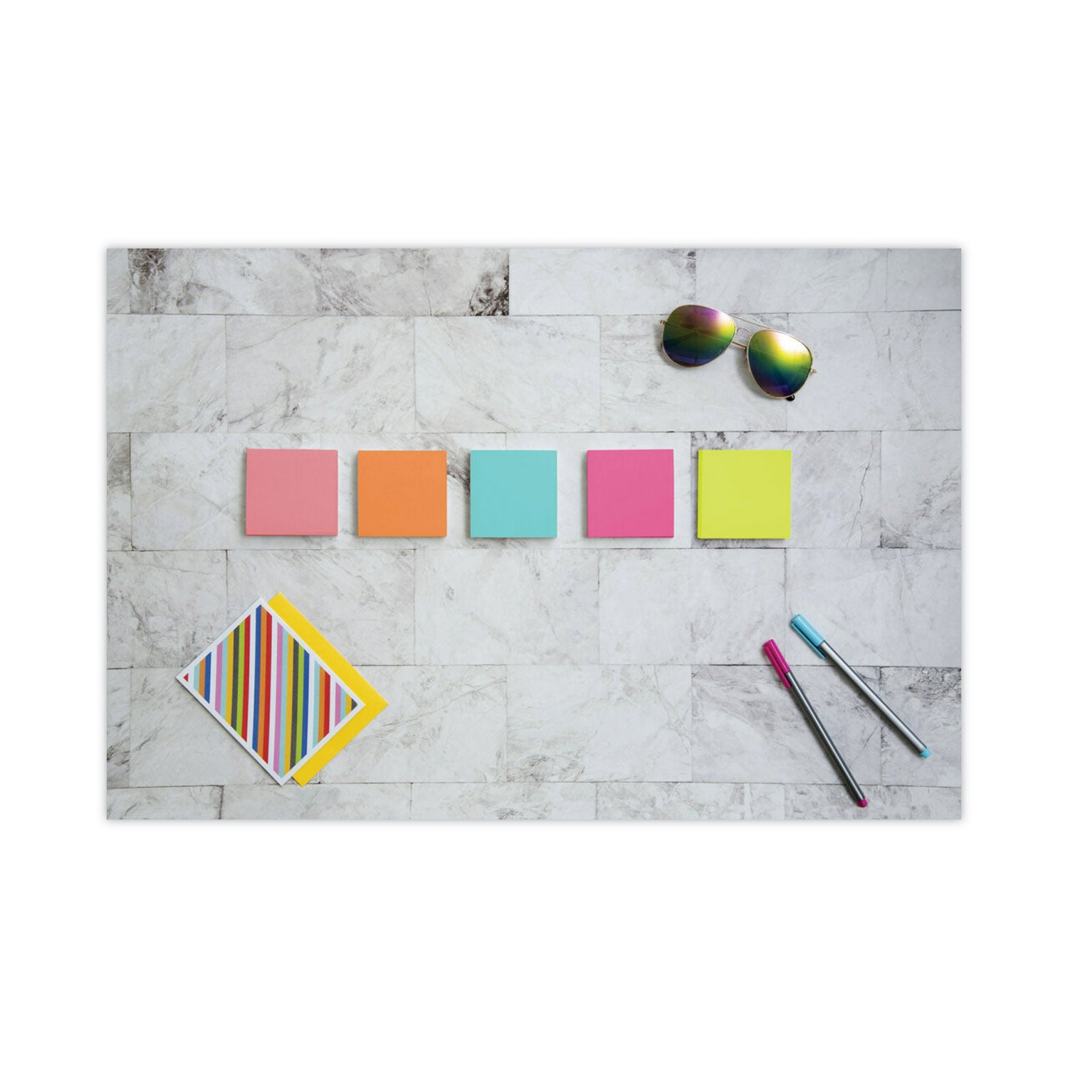Post-it&reg; Notes - Poptimistic Color Collection - 500 - 3" Flag/Note Width x 3" Flag/Note Length - Square - 100 Sheets per Pad - Unruled - Power Pink, Acid Lime, Aqua Splash, Vital Orange, Guava - Paper - Self-adhesive, Repositionable - 1 Pack