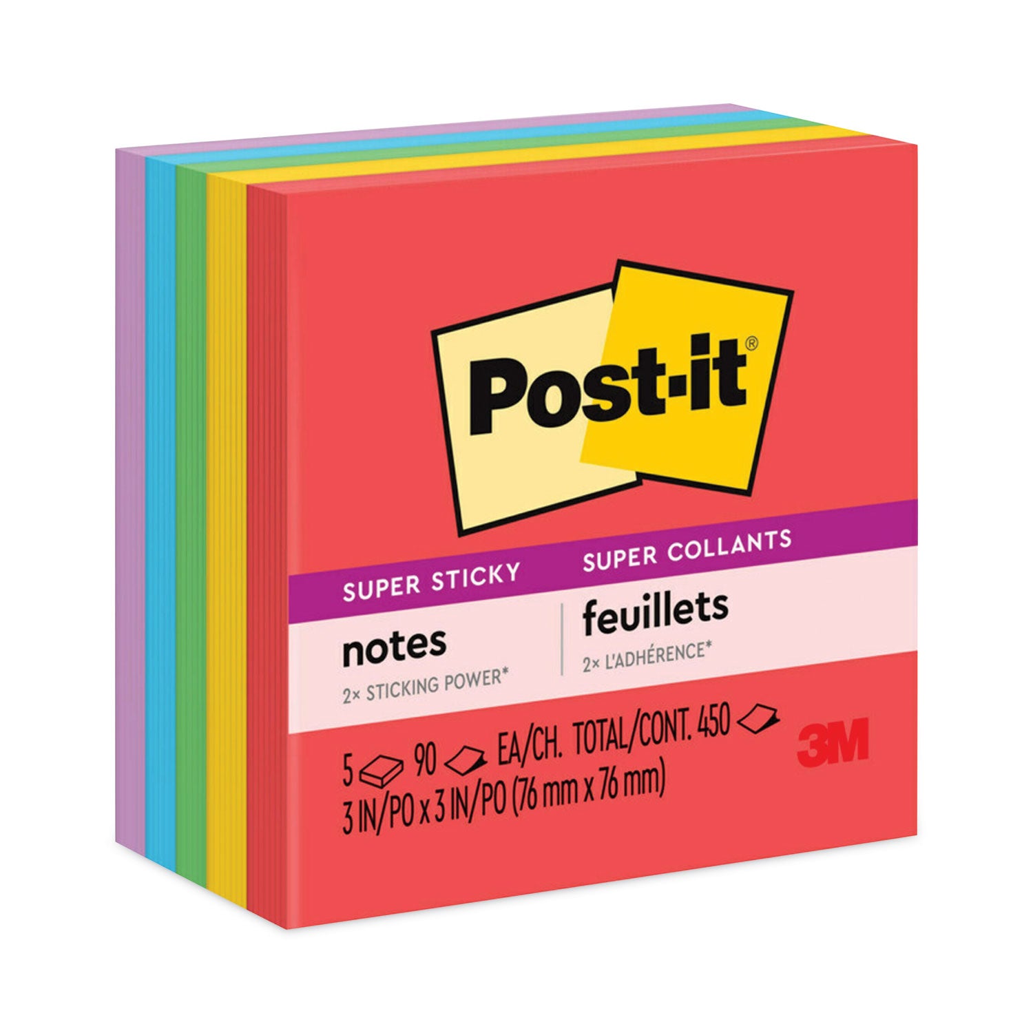 Post-it Super Sticky Notes, Playful Primaries Color Collection, 3" x 3", 90 Sheets per Pad, 5 Pads, Multicolor