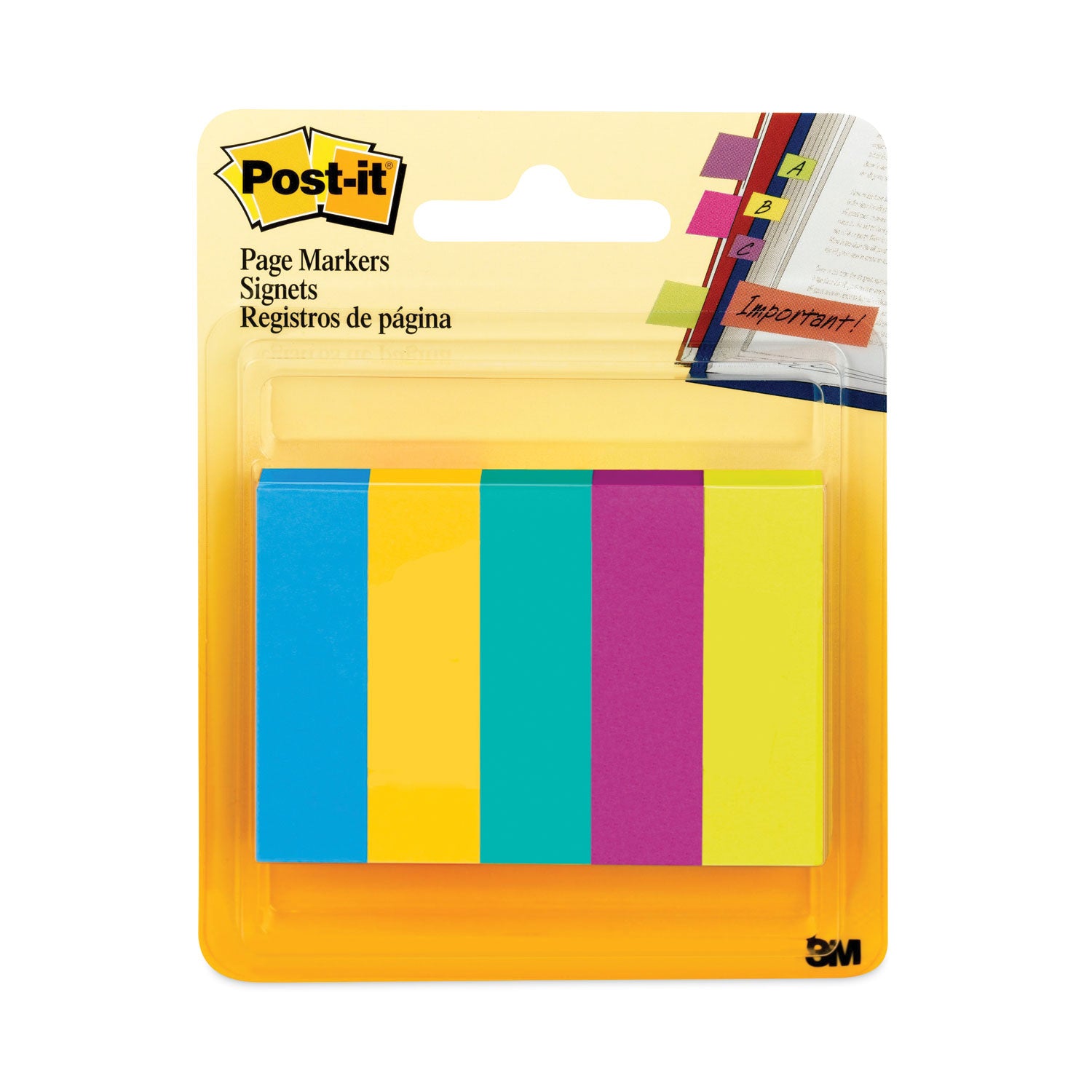 Post-it&reg; Page Markers - 100 - 1/2" Flag/Note Width x 2" Flag/Note Length - Rectangle - Unruled - Electric Blue, Yellow, Aqua Wave, Light Mulberry, Neon Green - Paper - Removable, Self-adhesive - 1 Pack