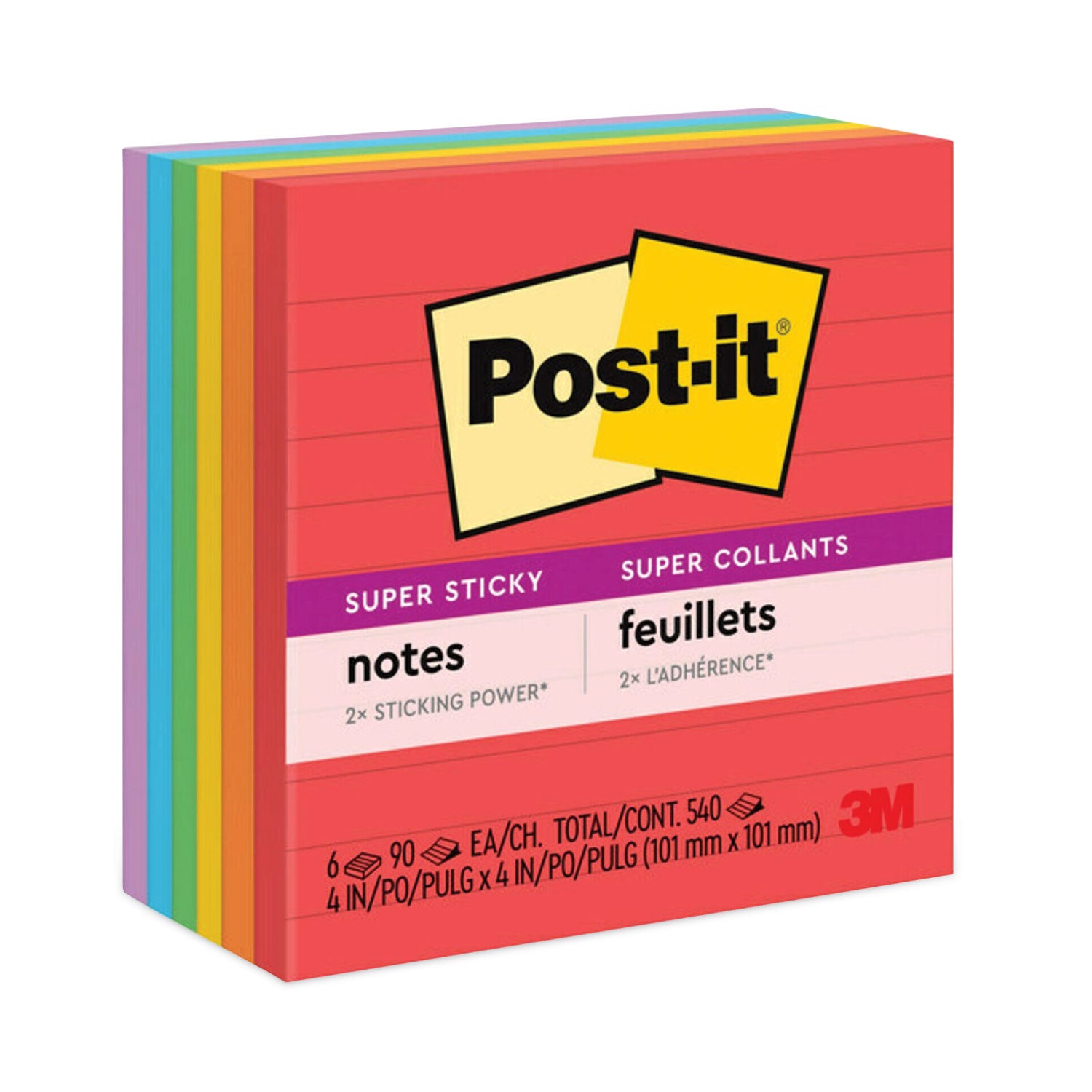 540 - 4" Flag/Note Width x 4" Flag/Note Length - Square - 90 Sheets per Pad - Ruled - Candy Apple Red, Vital Orange, Lucky Green, Sunnyside, Blue Paradise, Iris Infusion - Paper - Self-adhesive - 6 / Pack