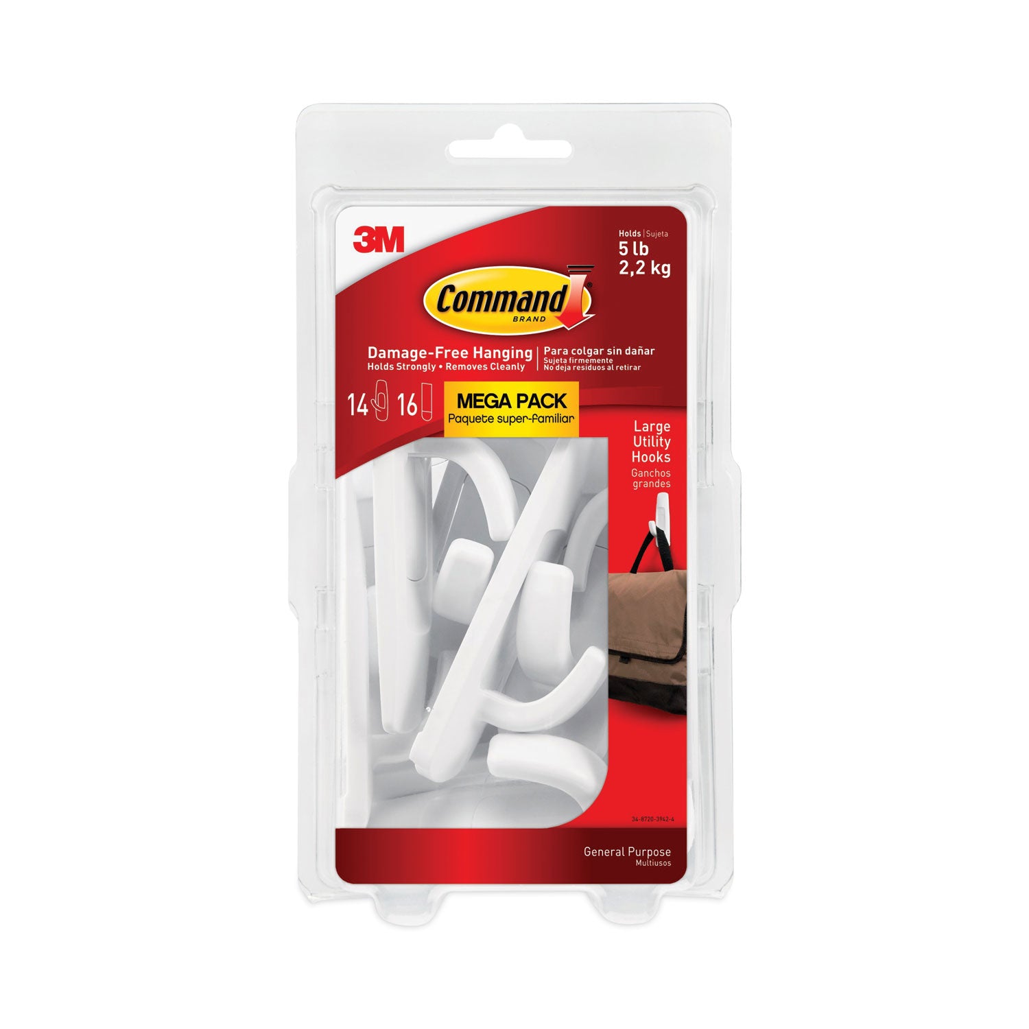14 Hooks - 14 Large Hook - 5 lb (2.27 kg) Capacity - 3.9" Height x 1.8" Width - for Multipurpose, Paint, Wood, Tile - Plastic - White - 20 / Pack