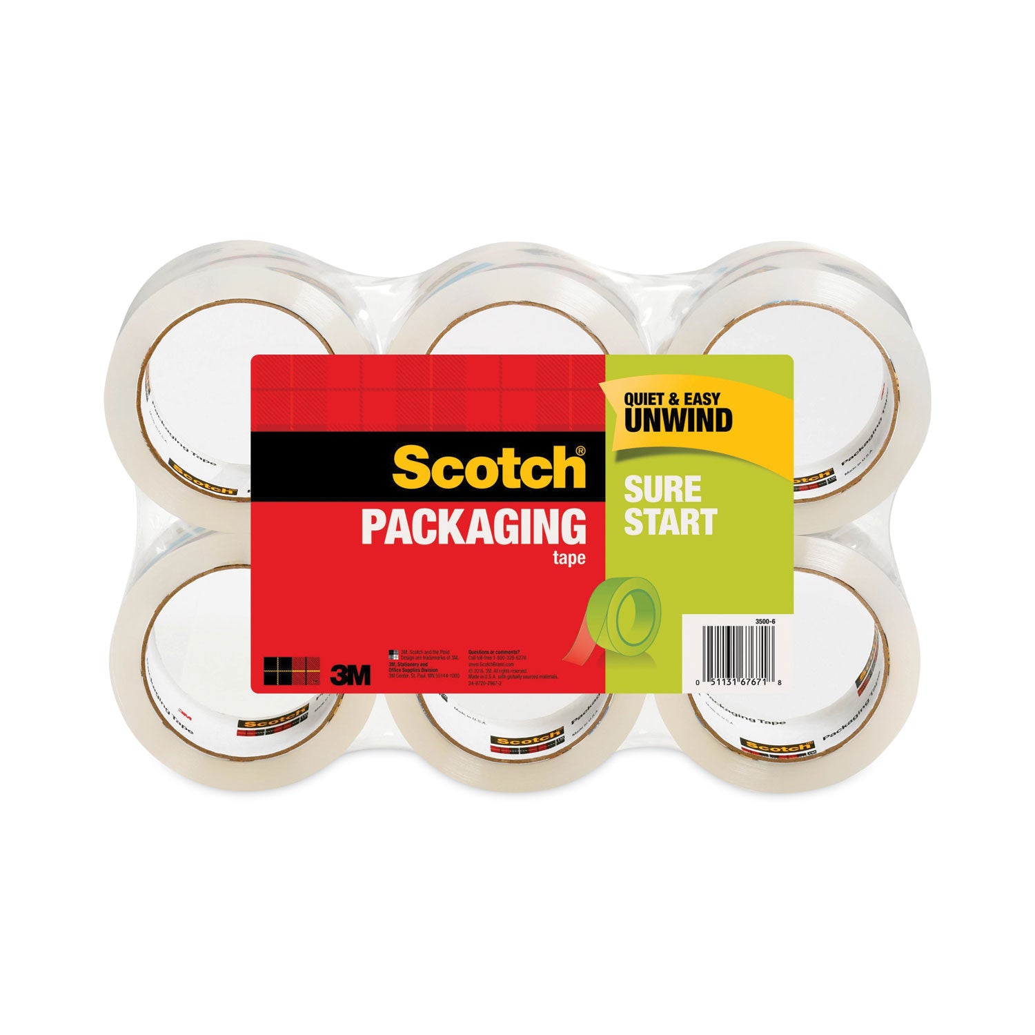 Scotch Sure Start Packaging Tape - 54.60 yd Length x 1.88" Width x 2.6 mil Thickness - 3" Core - Clear - Synthetic Rubber Resin - 2.95 mil - Sliver Resistant, Moisture Resistant, Split Resistant - For Sealing, Mailing, Packing, Moving - 1 Pack