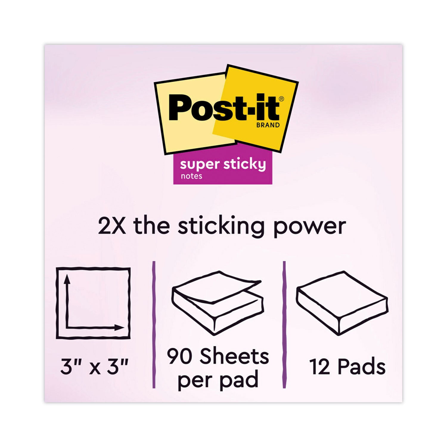 Post-it Super Sticky Notes, Energy Boost Color Collection, 3" x 3", Square, 90 Sheets per Pad, 12 Pads per Pack, Multicolor (Vital Orange, Tropical Pink, Sunnyside, Blue Paradise, Limeade)