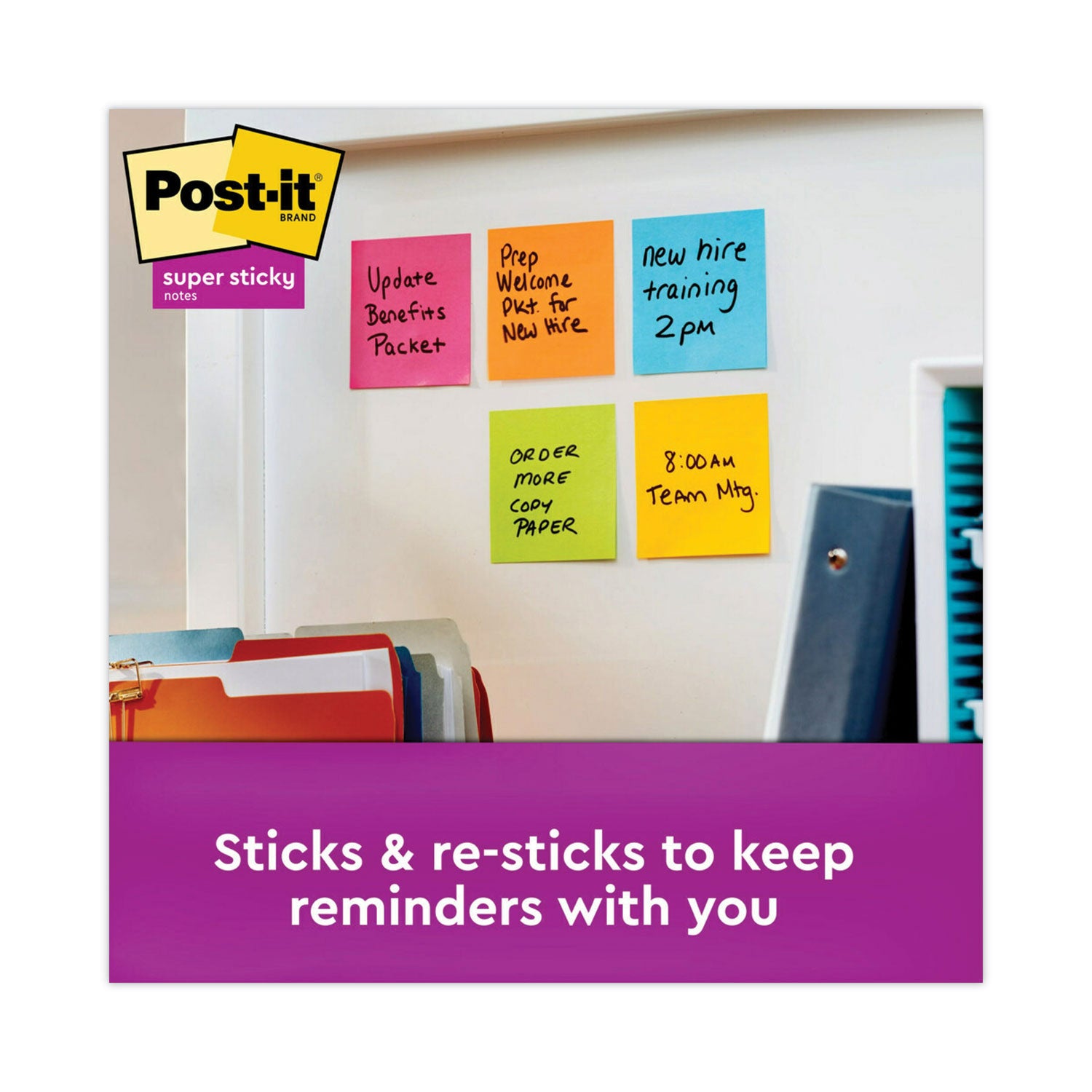 Post-it Super Sticky Notes, Energy Boost Color Collection, 3" x 3", Square, 90 Sheets per Pad, 12 Pads per Pack, Multicolor (Vital Orange, Tropical Pink, Sunnyside, Blue Paradise, Limeade)