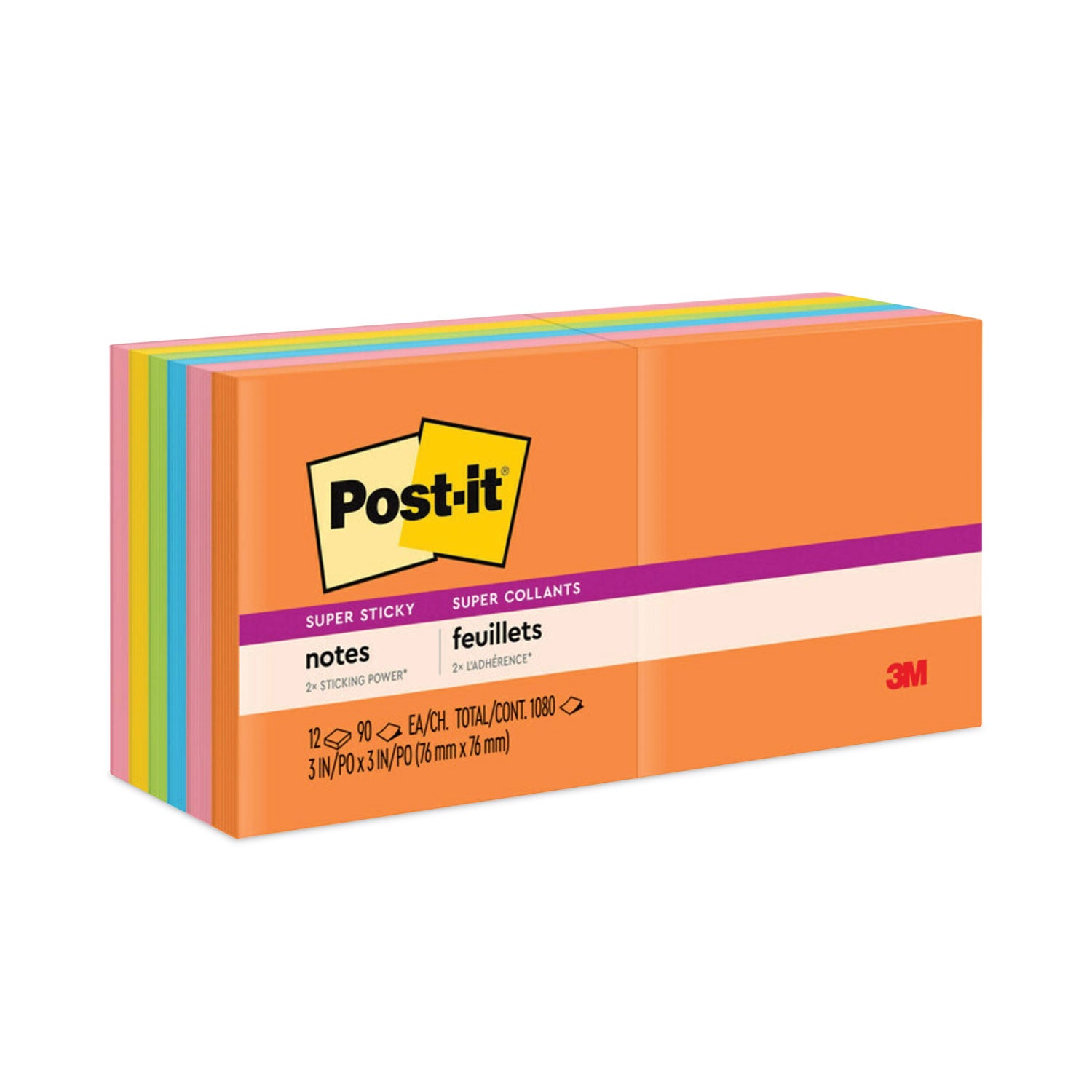 Post-it Super Sticky Notes, Energy Boost Color Collection, 3" x 3", Square, 90 Sheets per Pad, 12 Pads per Pack, Multicolor (Vital Orange, Tropical Pink, Sunnyside, Blue Paradise, Limeade)