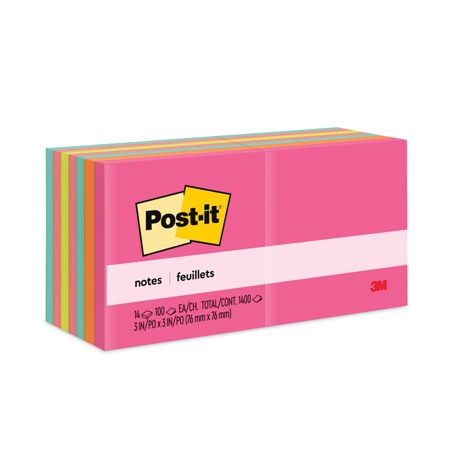 Post-it Notes Poptimistic Color Collection, 3" x 3", Square, Unruled, 100 Sheets per Pad, 14 Pads/Pack, Multicolor (Power Pink, Vital Orange, Aqua Splash, Guava, Acid Lime, Neon Green), Self-adhesive, Repositionable