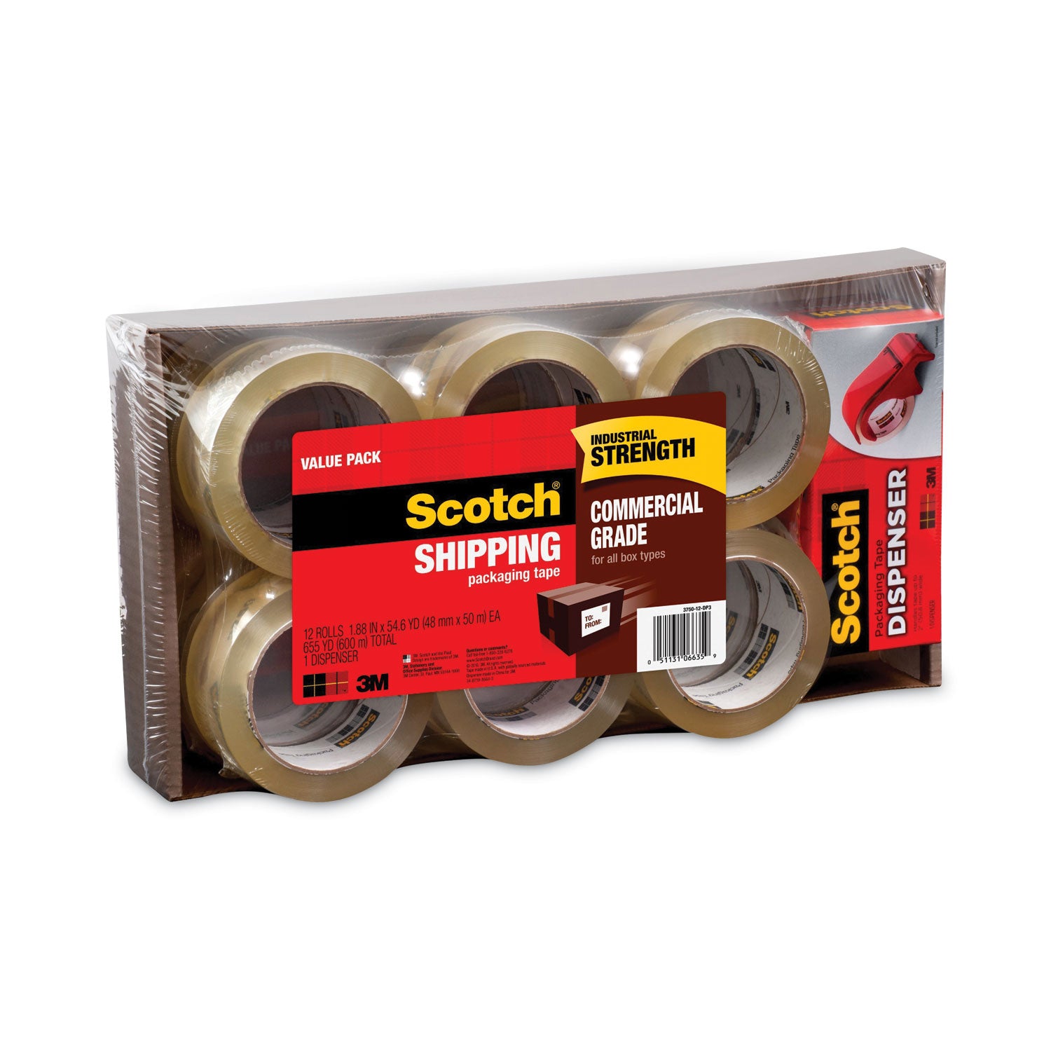 54.60 yd Length x 1.88" Width x 3.1 mil Thickness - 3" Core - Clear - Synthetic Rubber Resin - Dispenser Included - For Sealing, Splicing, Packing - 12 / Pack