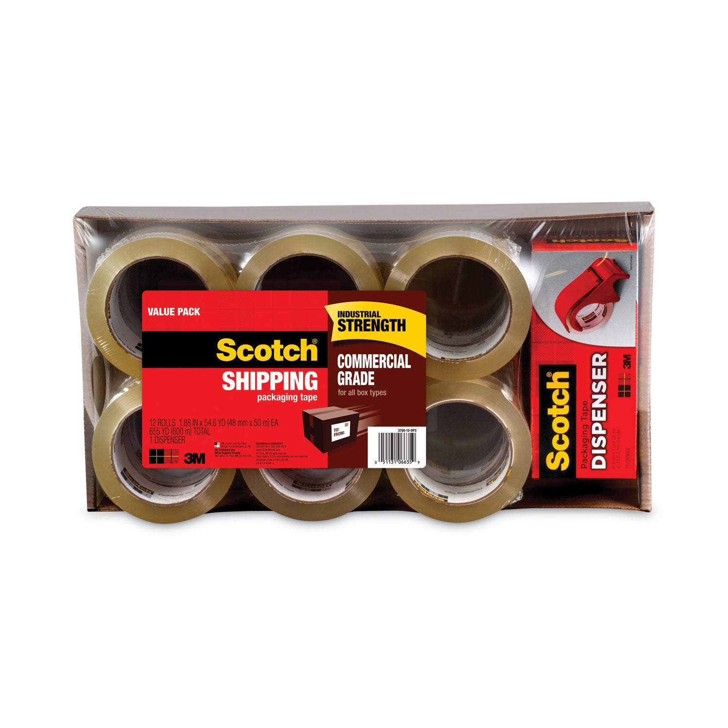 54.60 yd Length x 1.88" Width x 3.1 mil Thickness - 3" Core - Clear - Synthetic Rubber Resin - Dispenser Included - For Sealing, Splicing, Packing - 12 / Pack