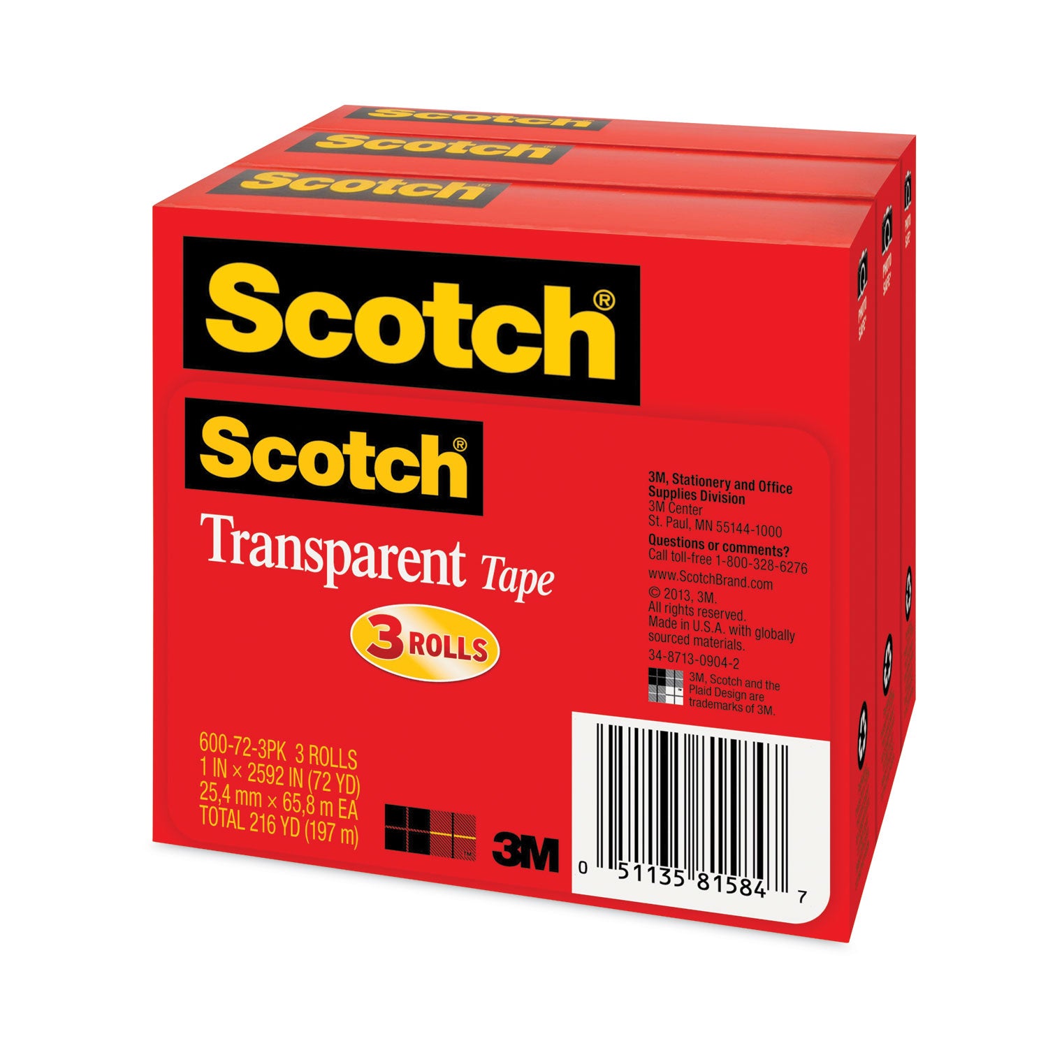 72 yd Length x 1" Width - 3" Core - Clear - Long Lasting, Moisture Resistant, Stain Resistant - For Sealing, Label Protection, Wrapping, Mending - 1 Pack