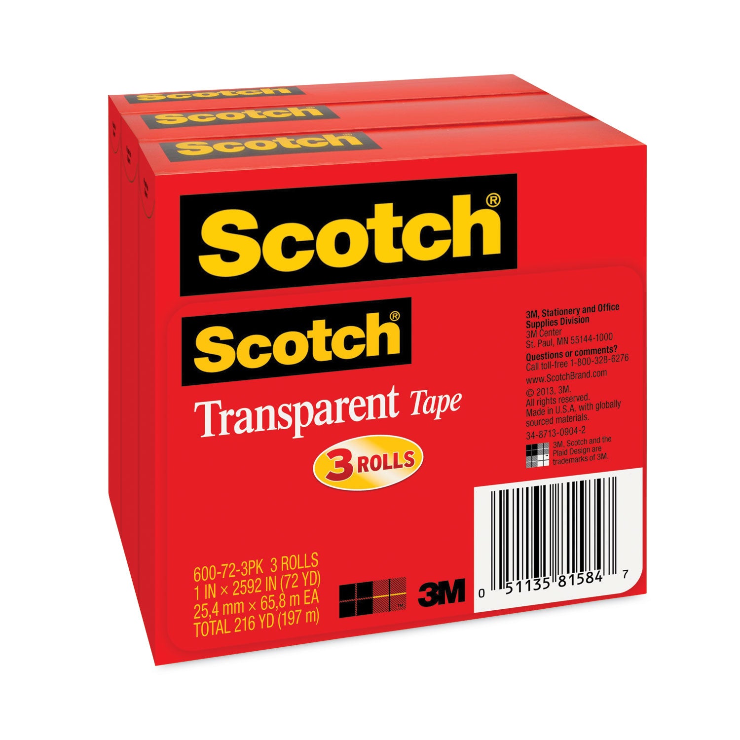 72 yd Length x 1" Width - 3" Core - Clear - Long Lasting, Moisture Resistant, Stain Resistant - For Sealing, Label Protection, Wrapping, Mending - 1 Pack